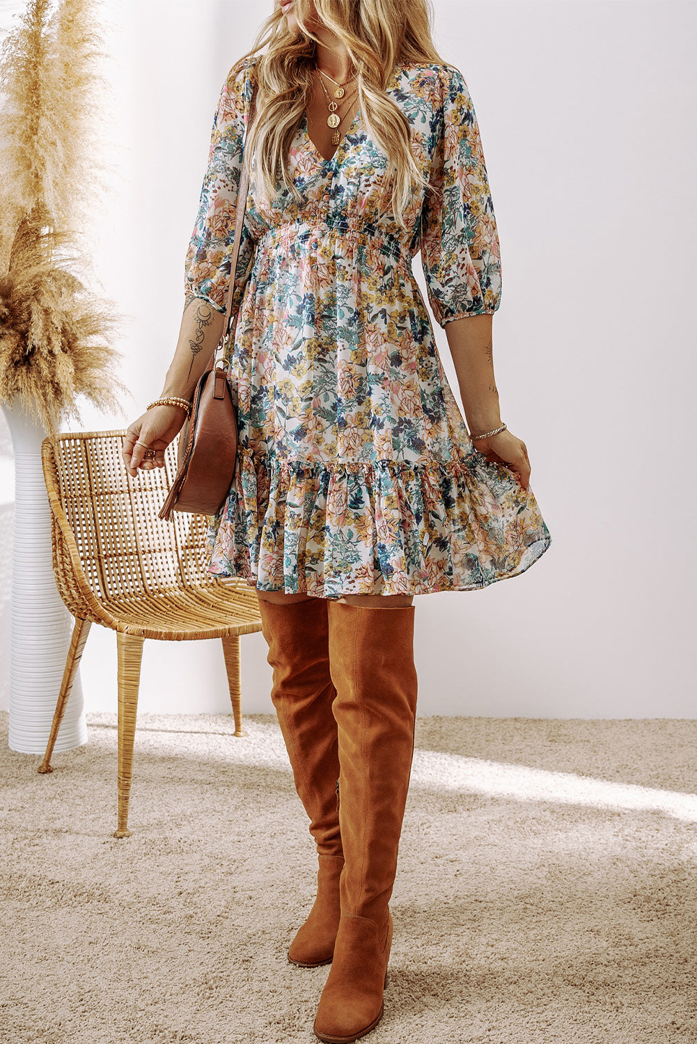 Floral 3/4 Sleeve V-Neck High Waist Ruffled Dress – Sky Blue Women S–XL