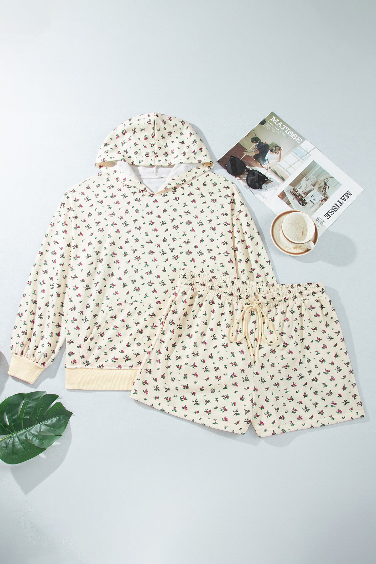 Womens Plus Size Beige Floral Hoodie and Shorts Set 1X to 4X