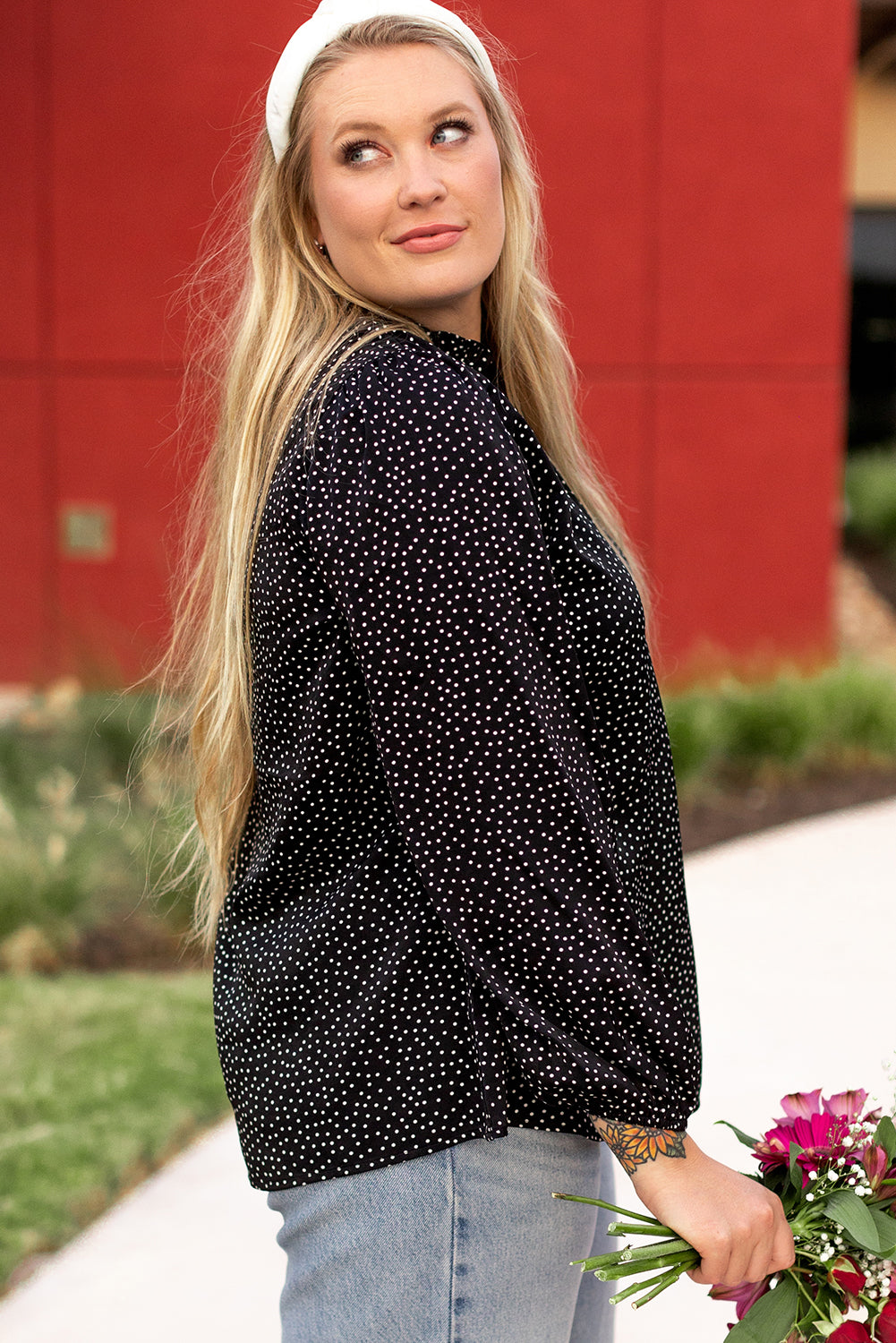 Pin Dot Notch V-Neck Puff Sleeve Blouse | Plus Size | Black & White | 1X–4X