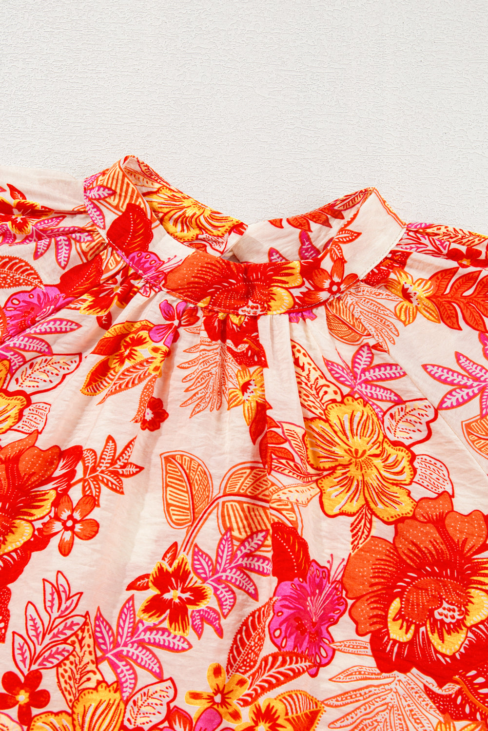 Floral Print Puff Sleeve Blouse with Pearl Button Keyhole | Orange