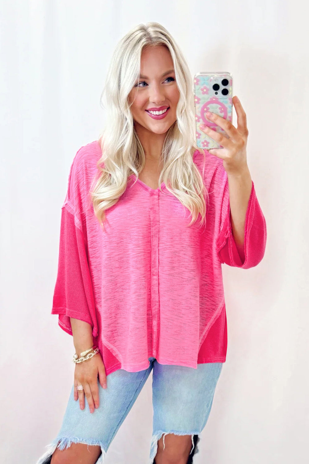 Pink Contrast Patchwork 3/4 Sleeve V-Neck Loose Blouse
