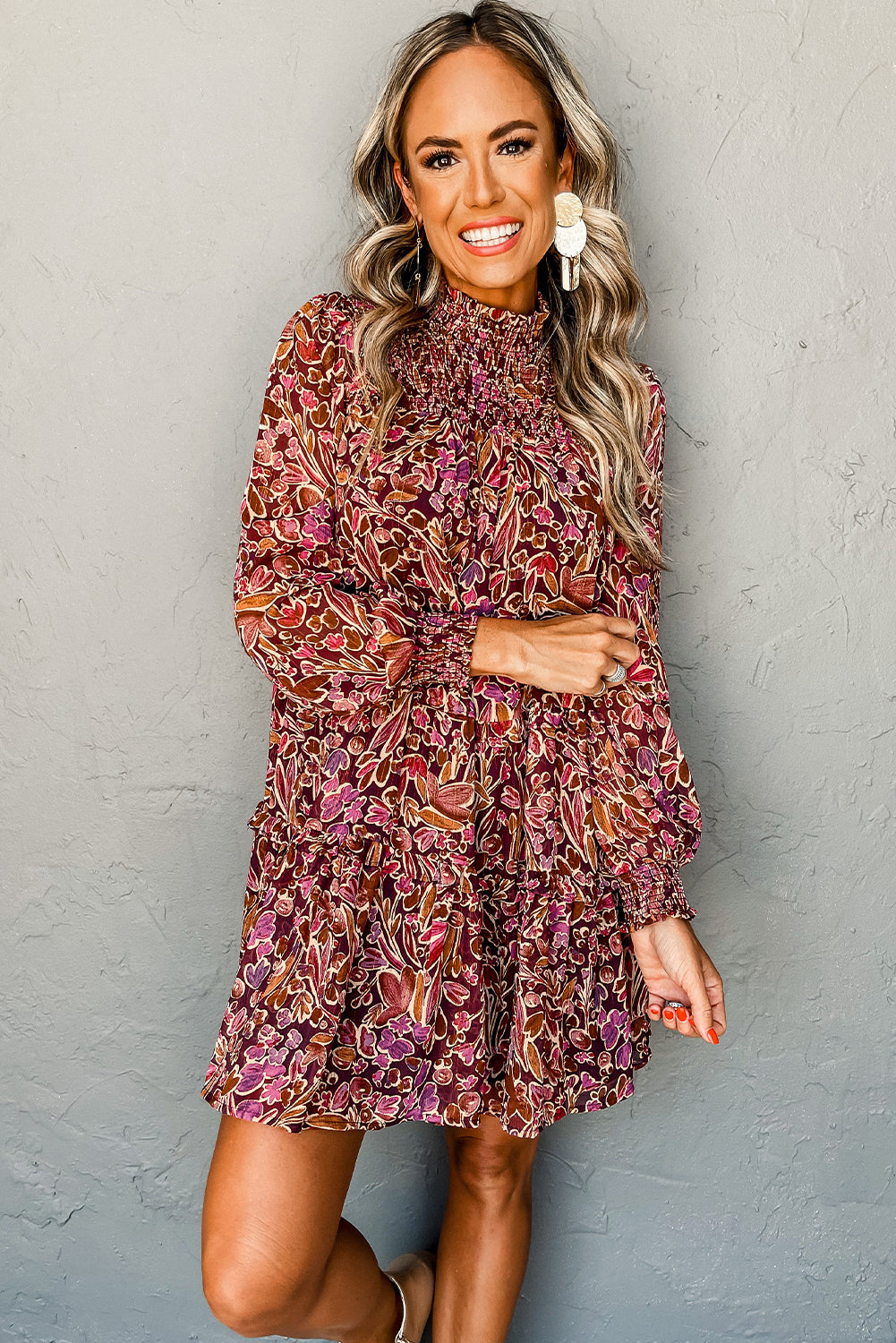 Floral Print Long Sleeve Shirred High Neck Loose Mini Dress