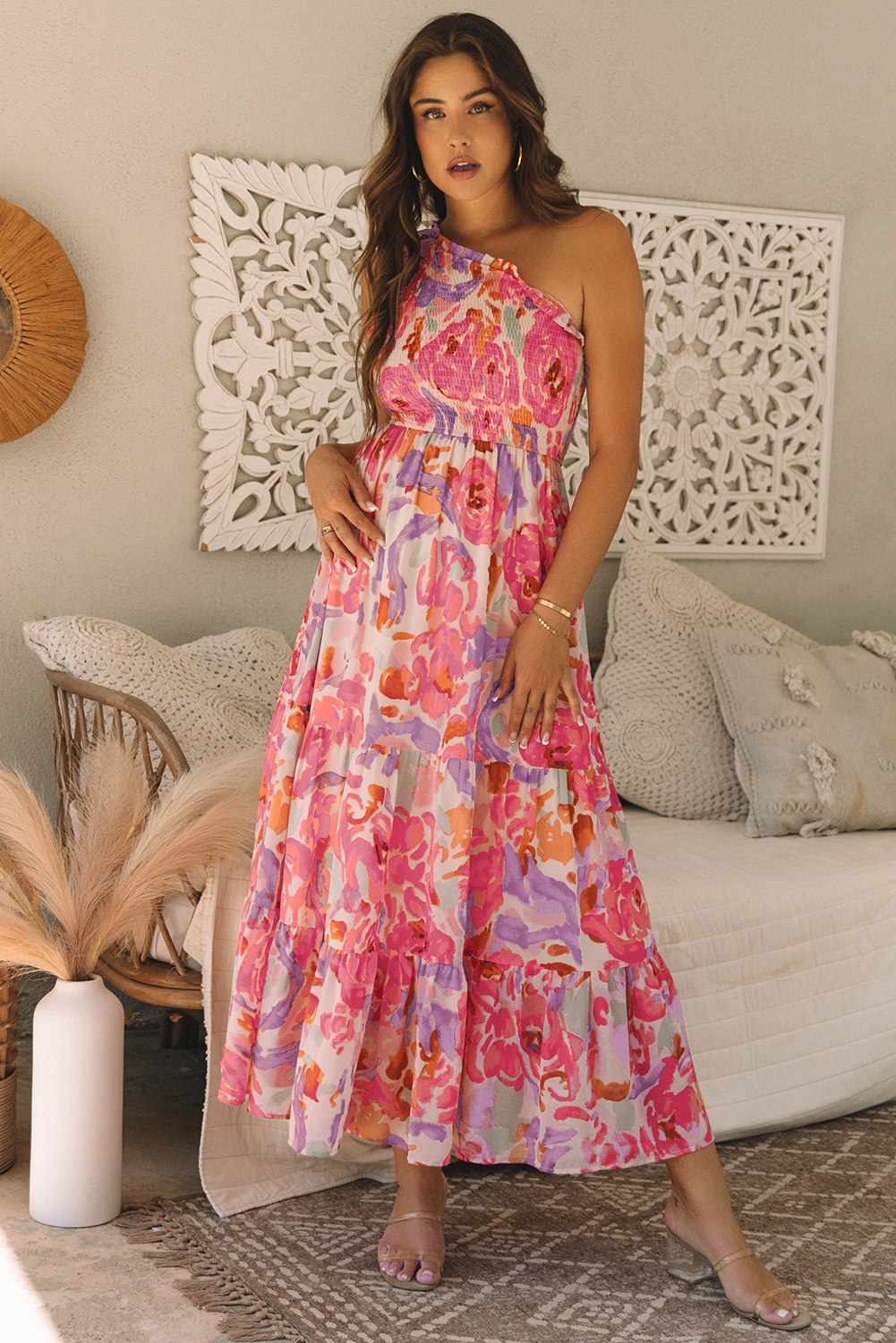 Abstract Floral Shirred One Shoulder Maxi Dress | Pink | S–XL