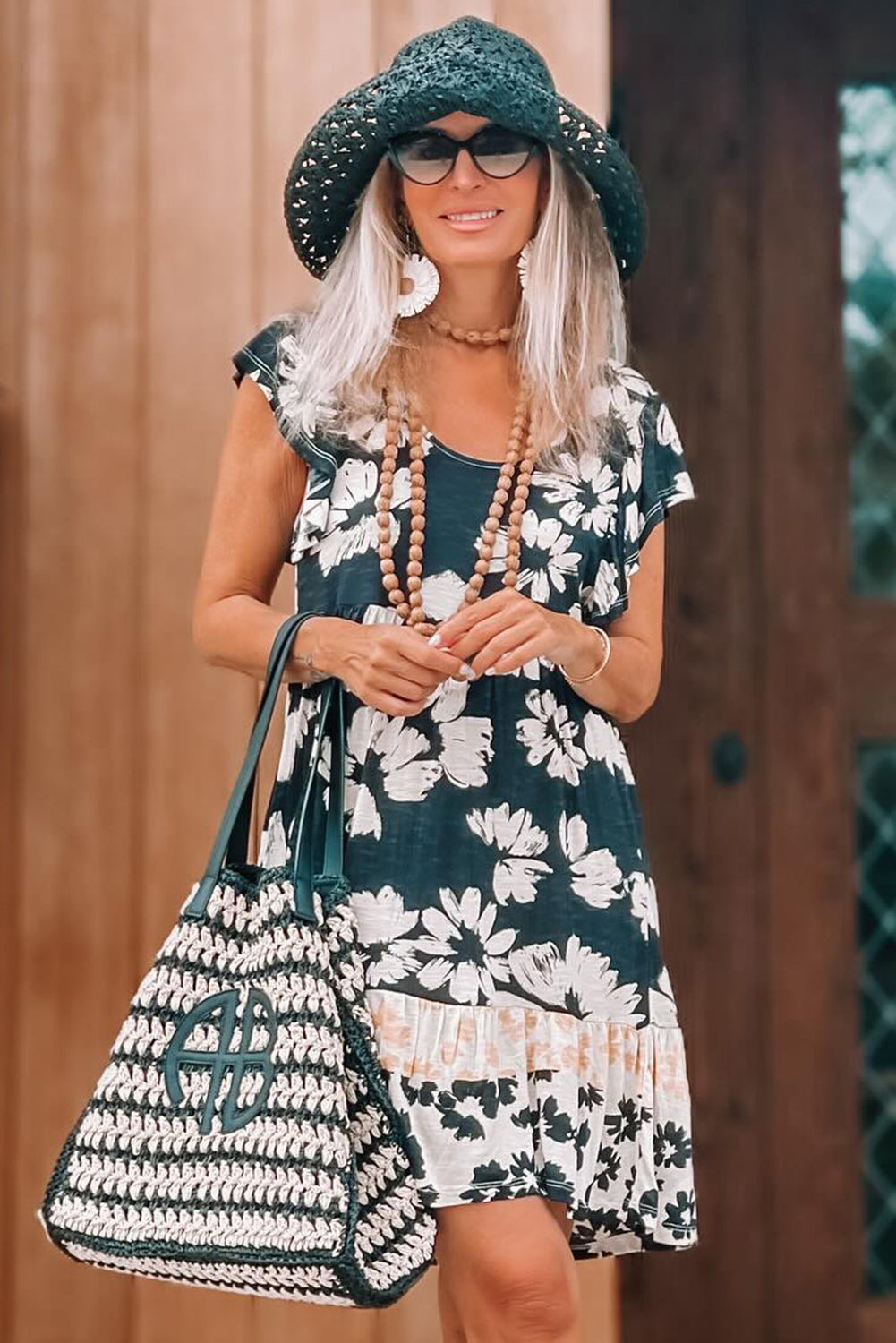 Floral Print Ruffle Sleeve Empire Waist Mini Dress – Green Women S–XL