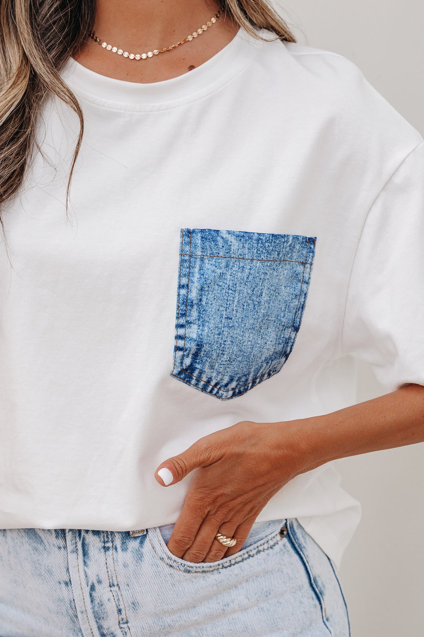 Color Block Short-Sleeve Top with Printed Patch Pocket | Sail Blue & White