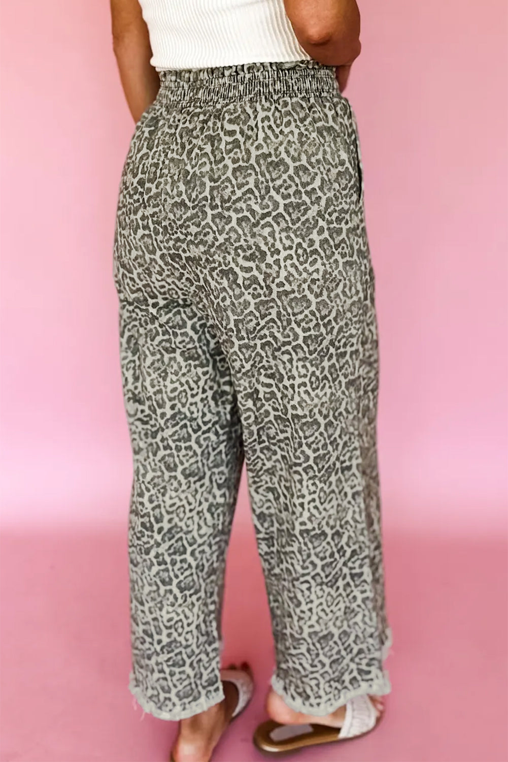 Leopard Print Elastic Waist Loose Pull-On Jeans in Brown