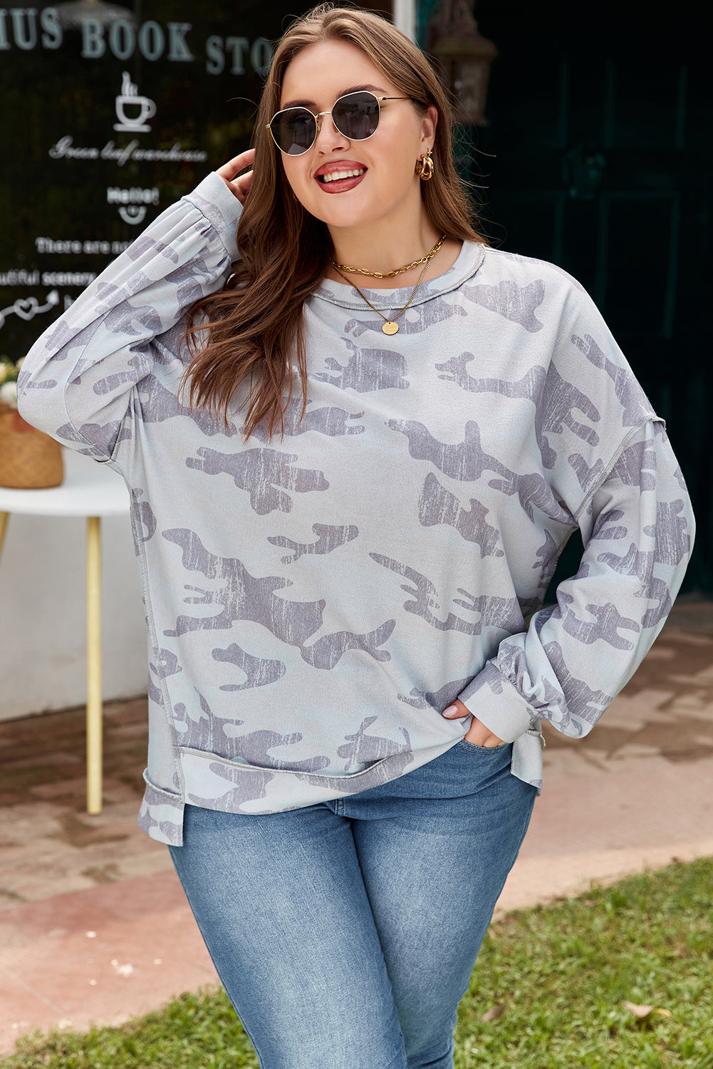 Two-Tone Grey Camo Print Round Neck Sweatshirt | Plus Size | 1X–4X