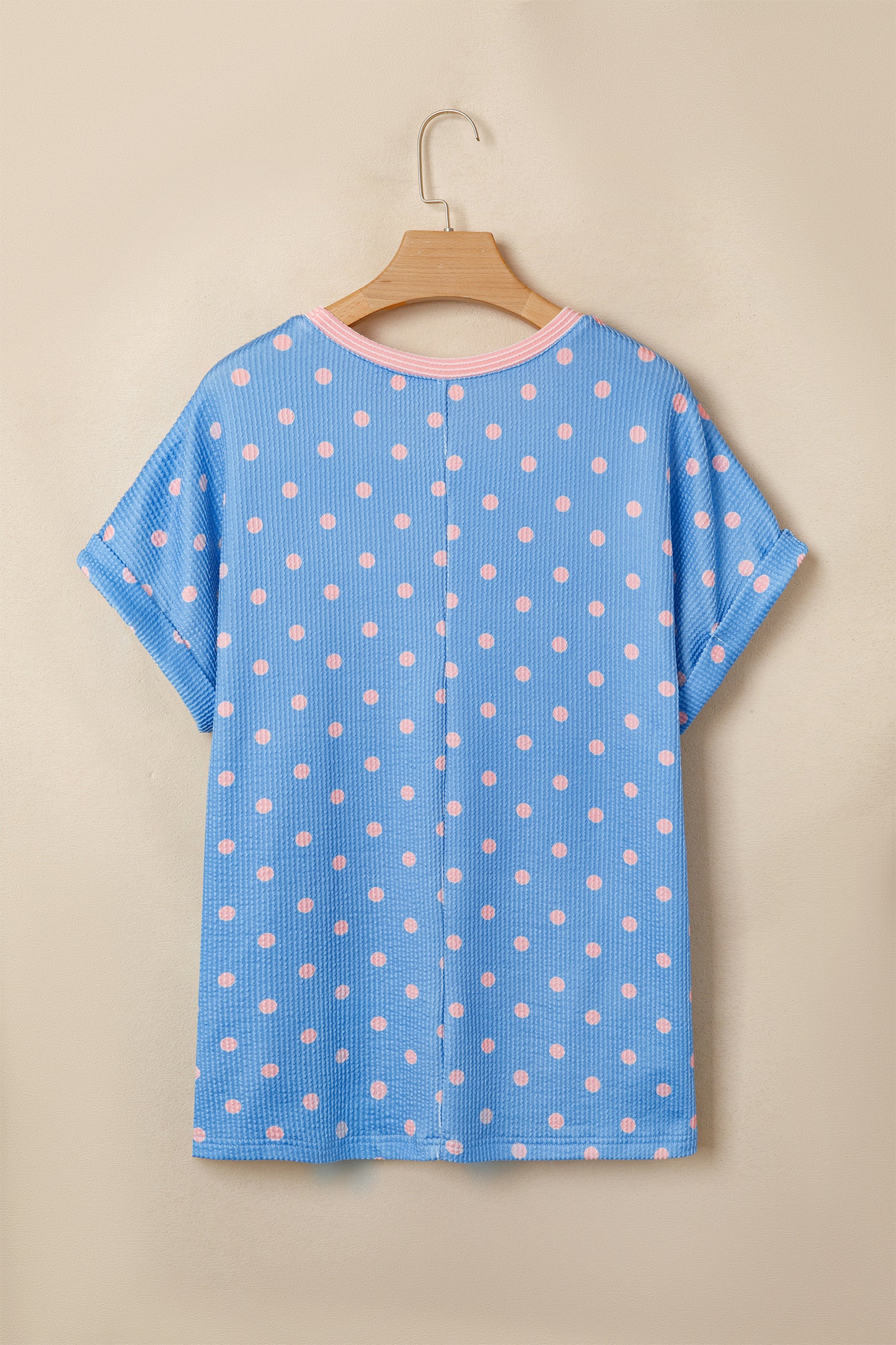 Light Blue Polka Dot Ribbed Short Sleeve Top Women S–XL