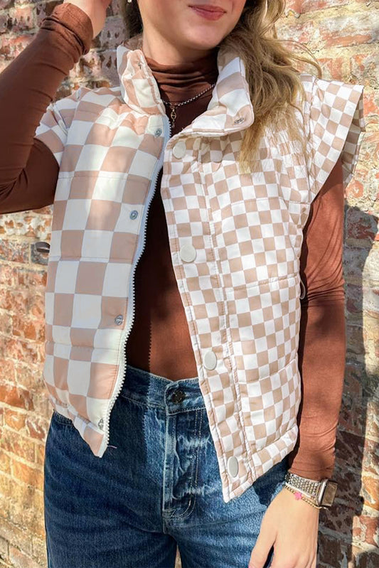 Khaki Contrast Plaid Quilted Mock Neck Zip-Up Vest