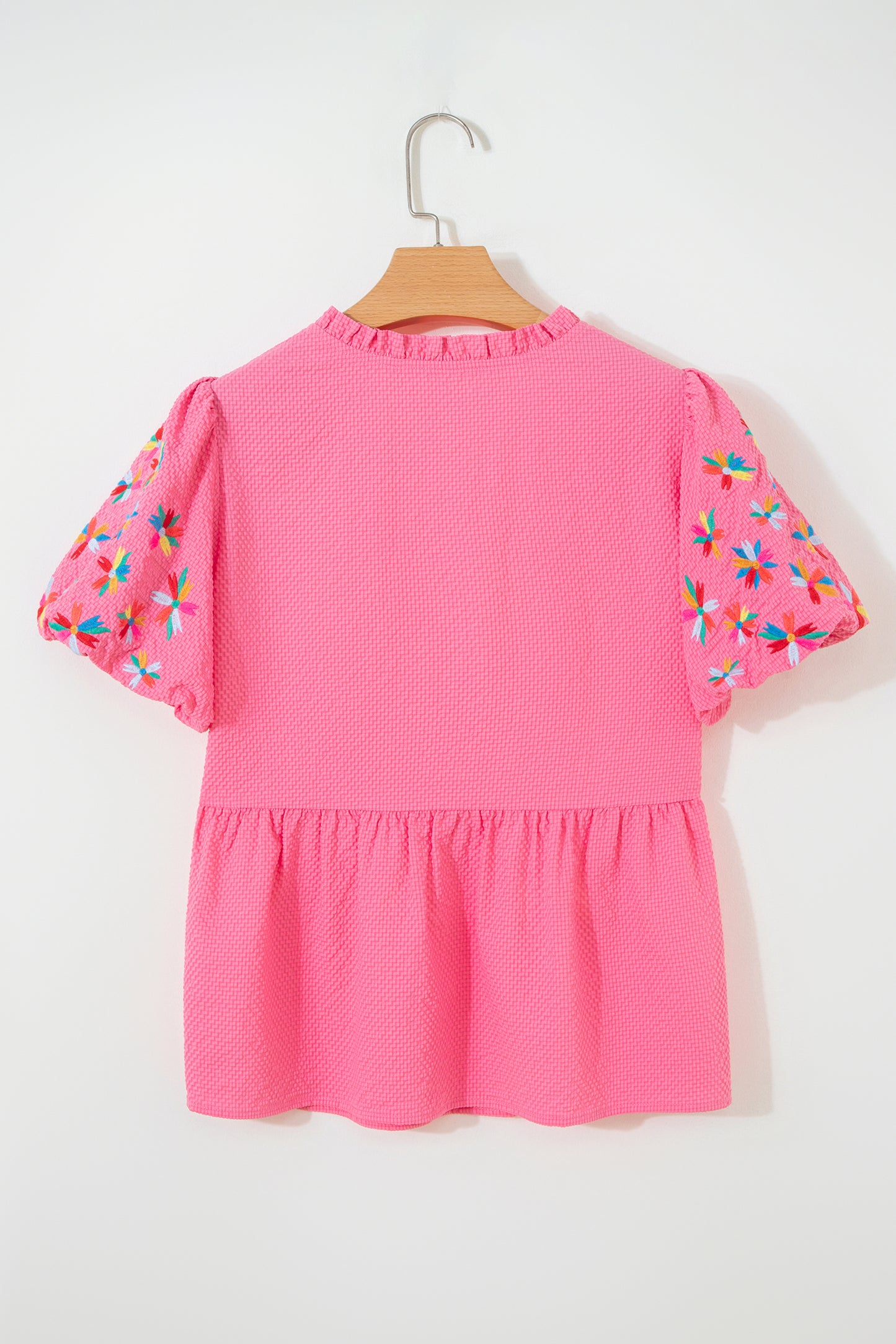 Pink Flower Embroidered Puff Sleeve Frilled V-Neck Babydoll Blouse | S–XL