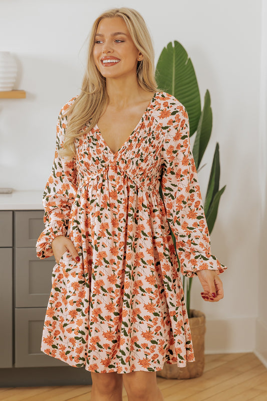 Floral Print Deep V-Neck Smocked Bust Bubble Sleeve Babydoll Mini Dress