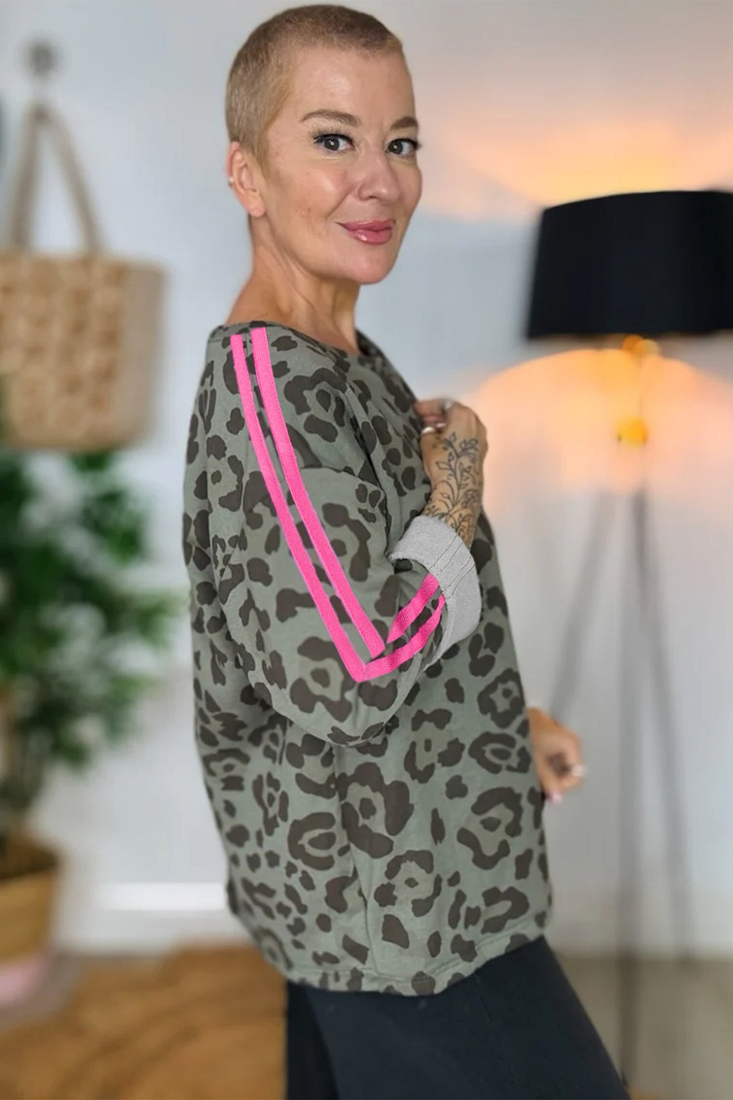 Leopard Print Varsity Stripe Trim Long Sleeve Top in Green