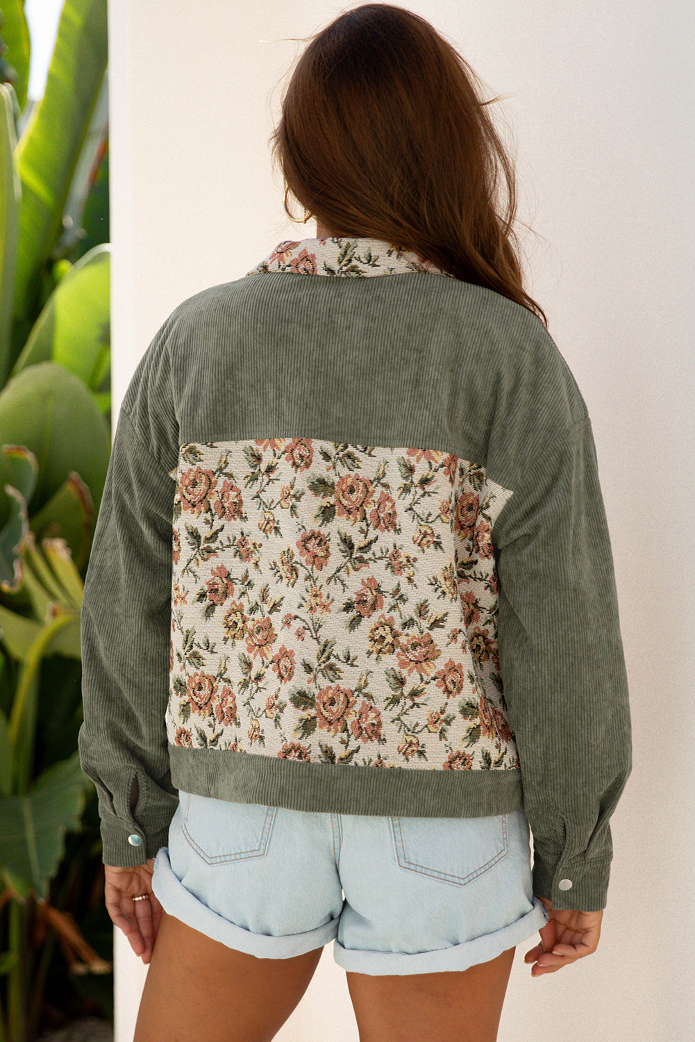 Ribbed Retro Floral Patchwork Frayed Collar Shirt Style Jacket