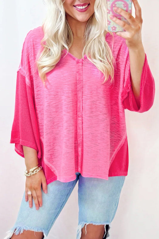 Pink Contrast Patchwork 3/4 Sleeve V-Neck Loose Blouse