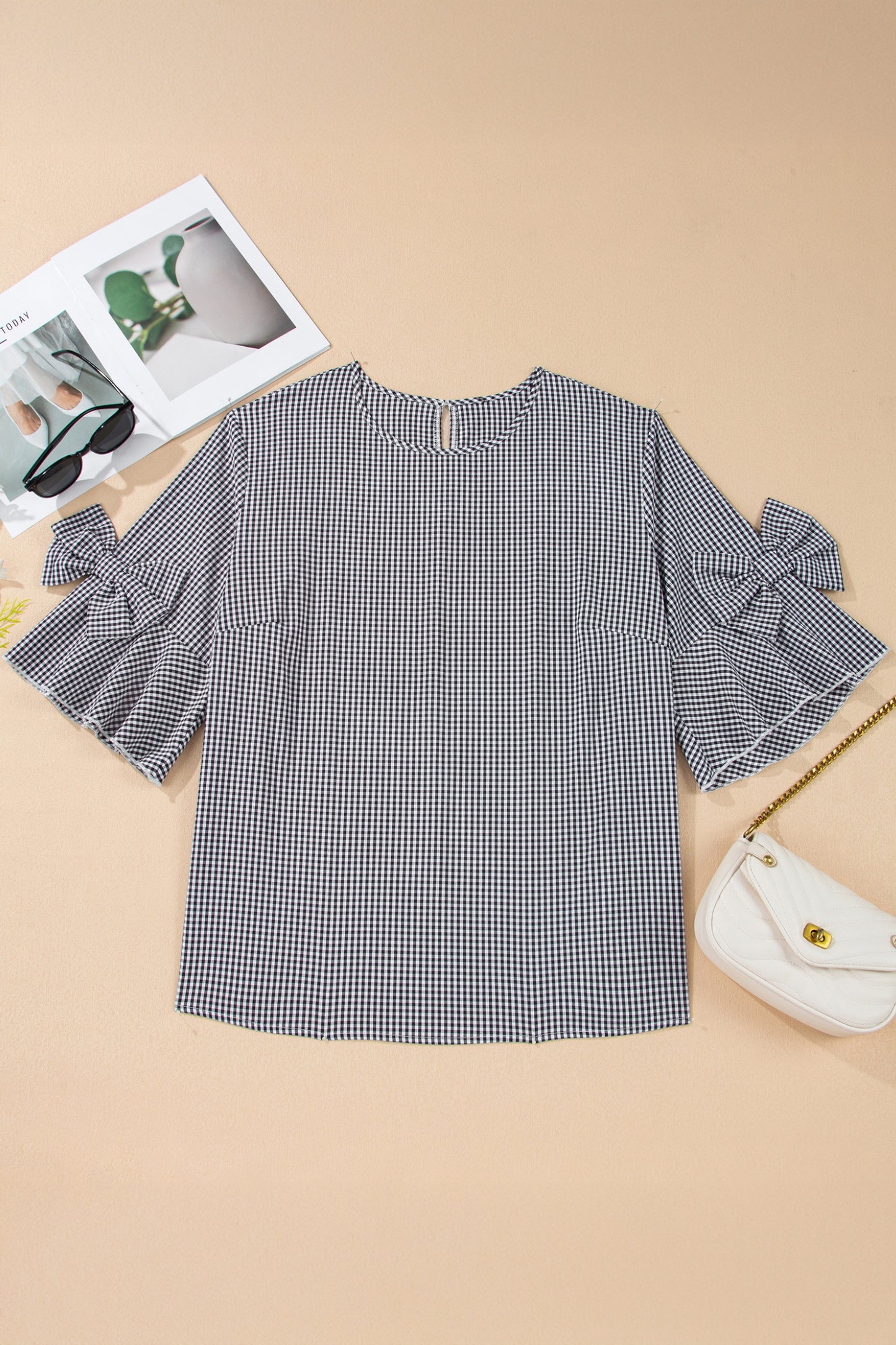 Plaid Bow Detail Bell Sleeve Blouse | Plus Size | Black | 1X–4X