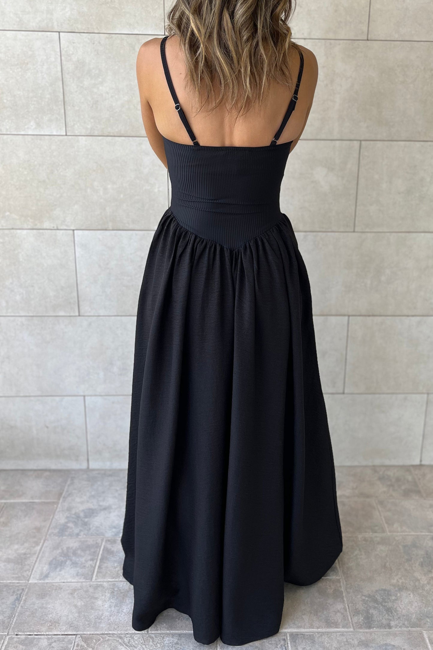 Black Ribbed Spaghetti Strap Maxi Dress Women S–XL