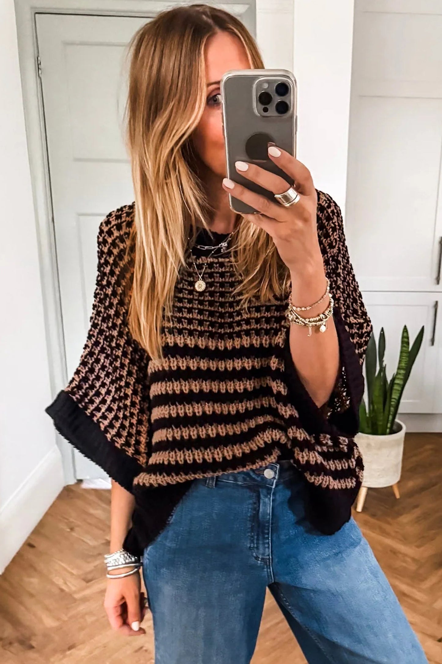 Striped Slouchy Sweater with 3/4 Draped Sleeves | Black Stripe