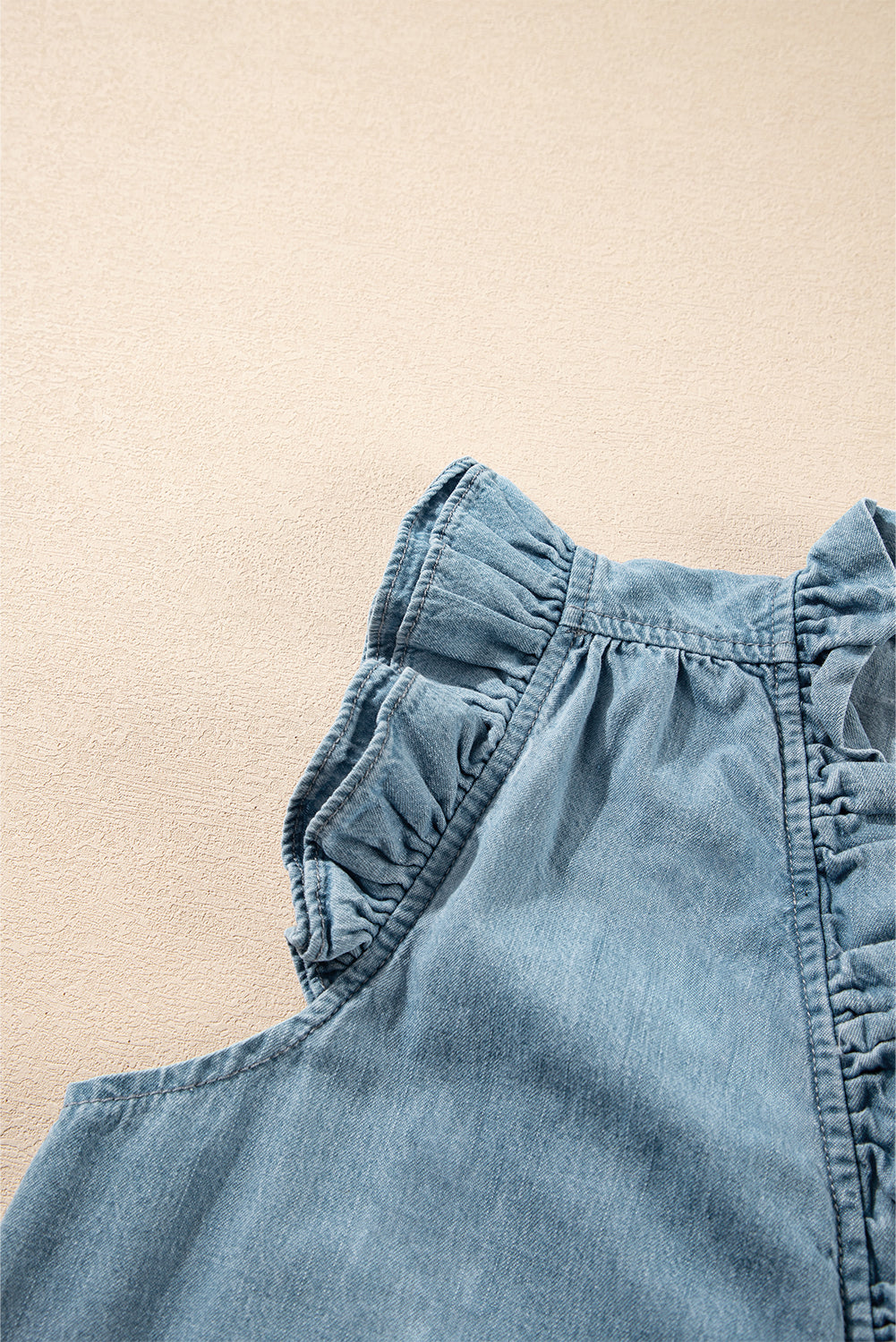 Light Blue Ruffle Trim V-Neck Chambray Tank Top