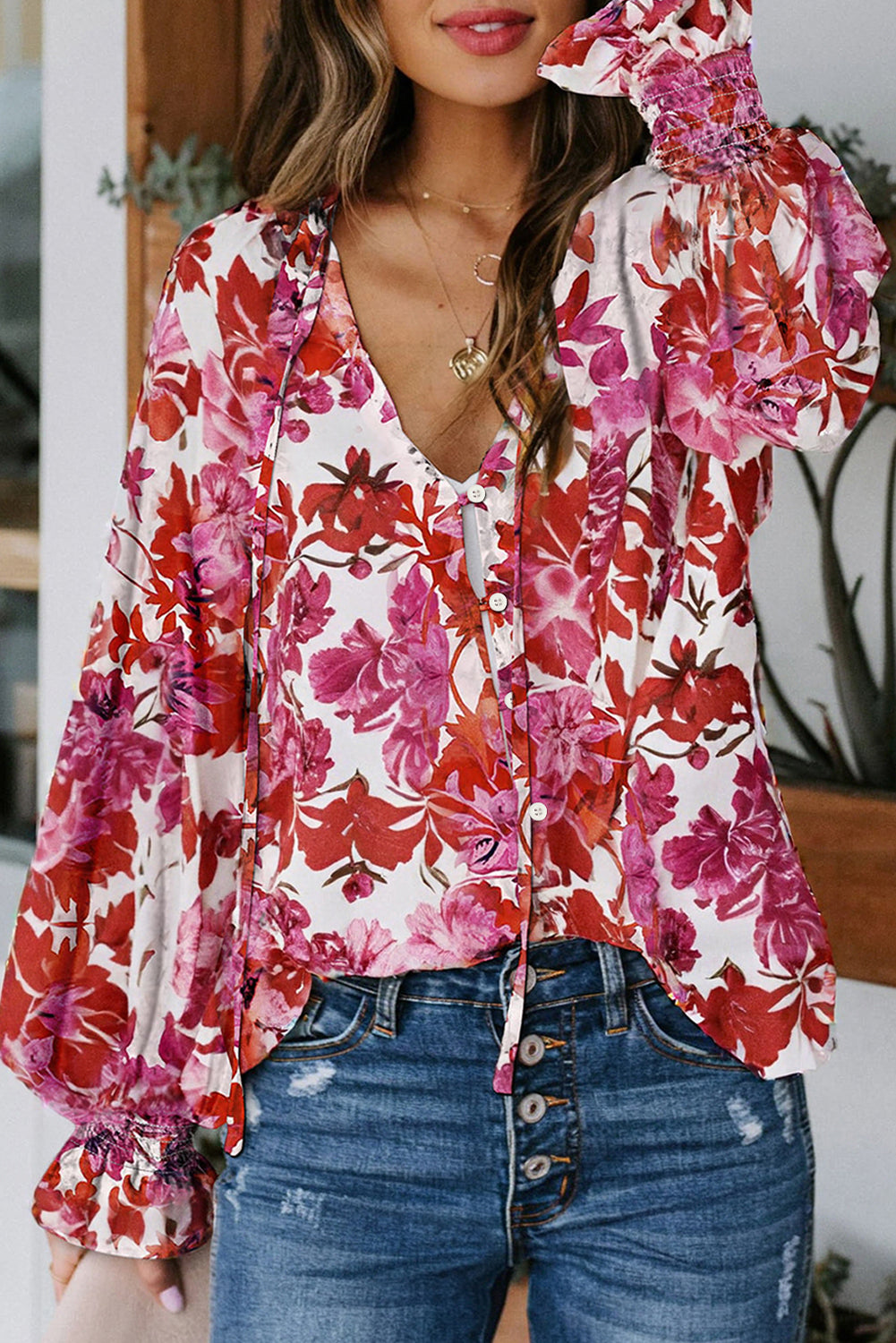 Floral Smocked Sleeve Ruffle Neck Blouse.  S-2x