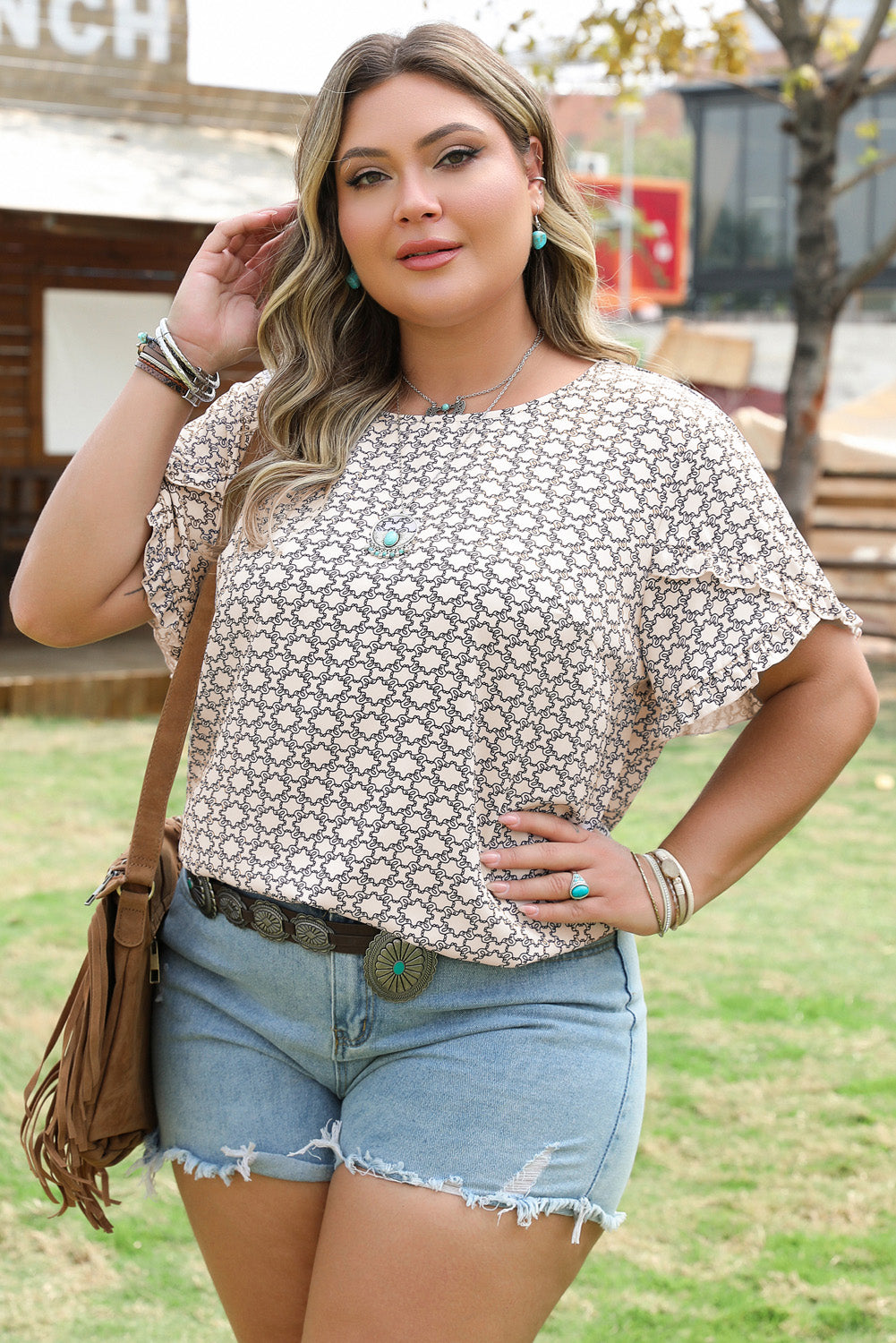 Geometric Print Ruffled Sleeve Blouse | Plus Size | Khaki | 1X–4X