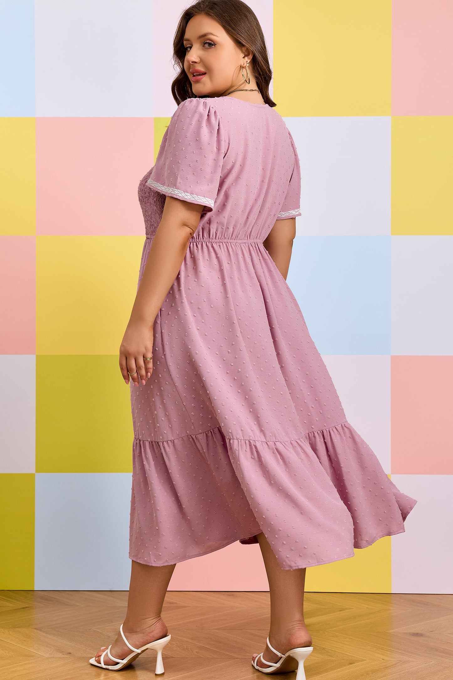 Plus Size Swiss Dot Smocked High Waist Flowy Midi Dress Pink 1X–4X