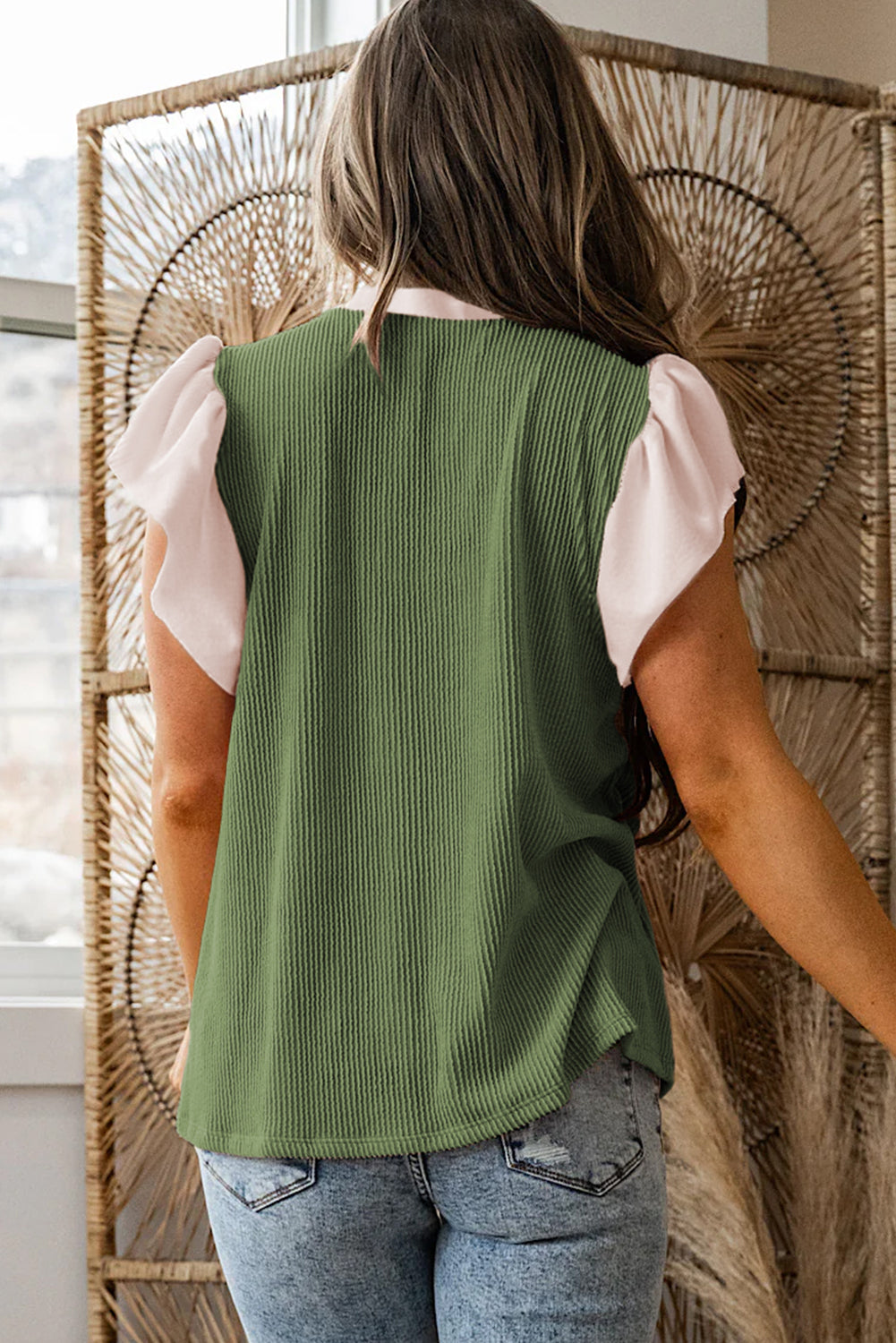 Frilled Neckline Ruffled Sleeve Ribbed Blouse | Plus Size | Vineyard Green | L–4X