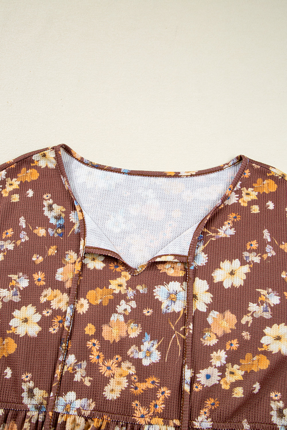 Floral Textured Tied Neck Long Sleeve Babydoll Blouse | Plus Size | Khaki | 1X–4X