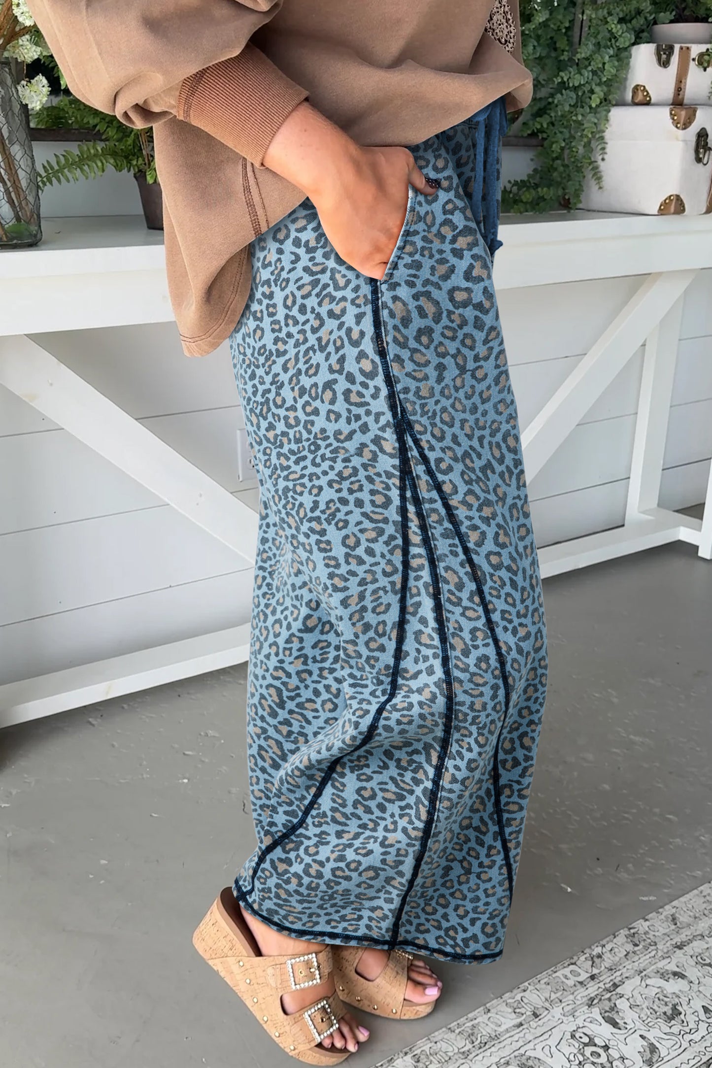 Leopard Print Wide Leg Drawstring Jeans in Blue