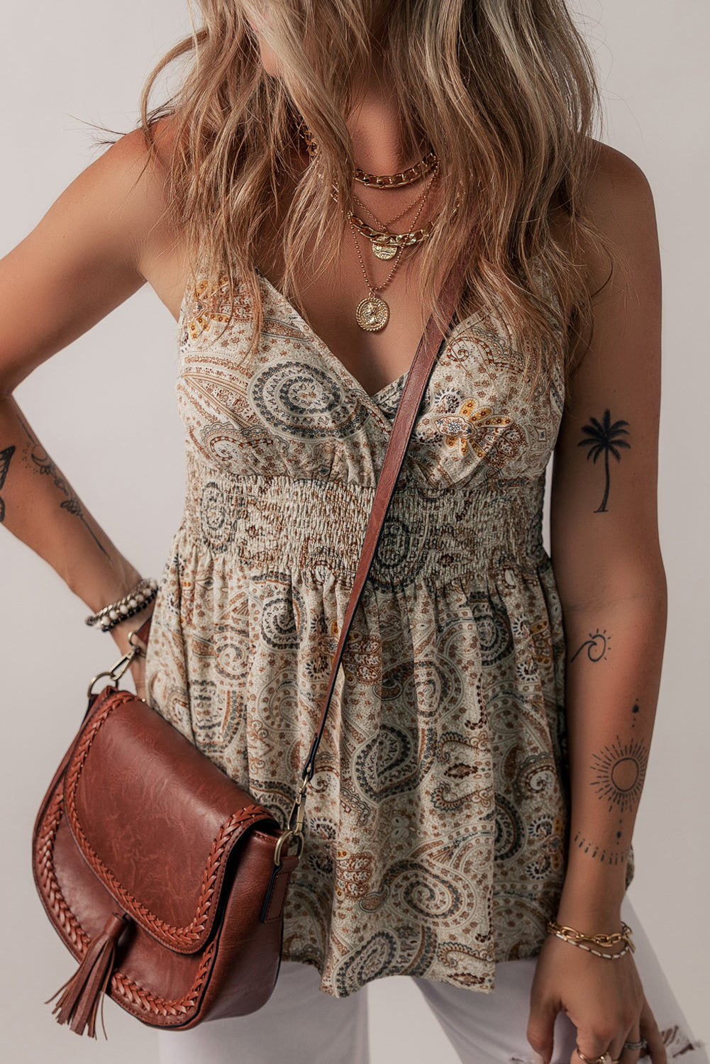 Khaki Paisley Print Spaghetti Strap V-Neck Smocked Babydoll Tank Top – Women's Boho Summer Top (S–XL)