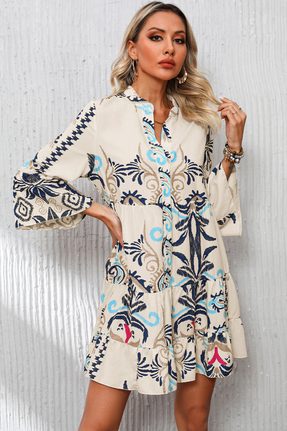 White Tribal Print Bracelet Sleeve Buttoned Mini Dress | S–XL