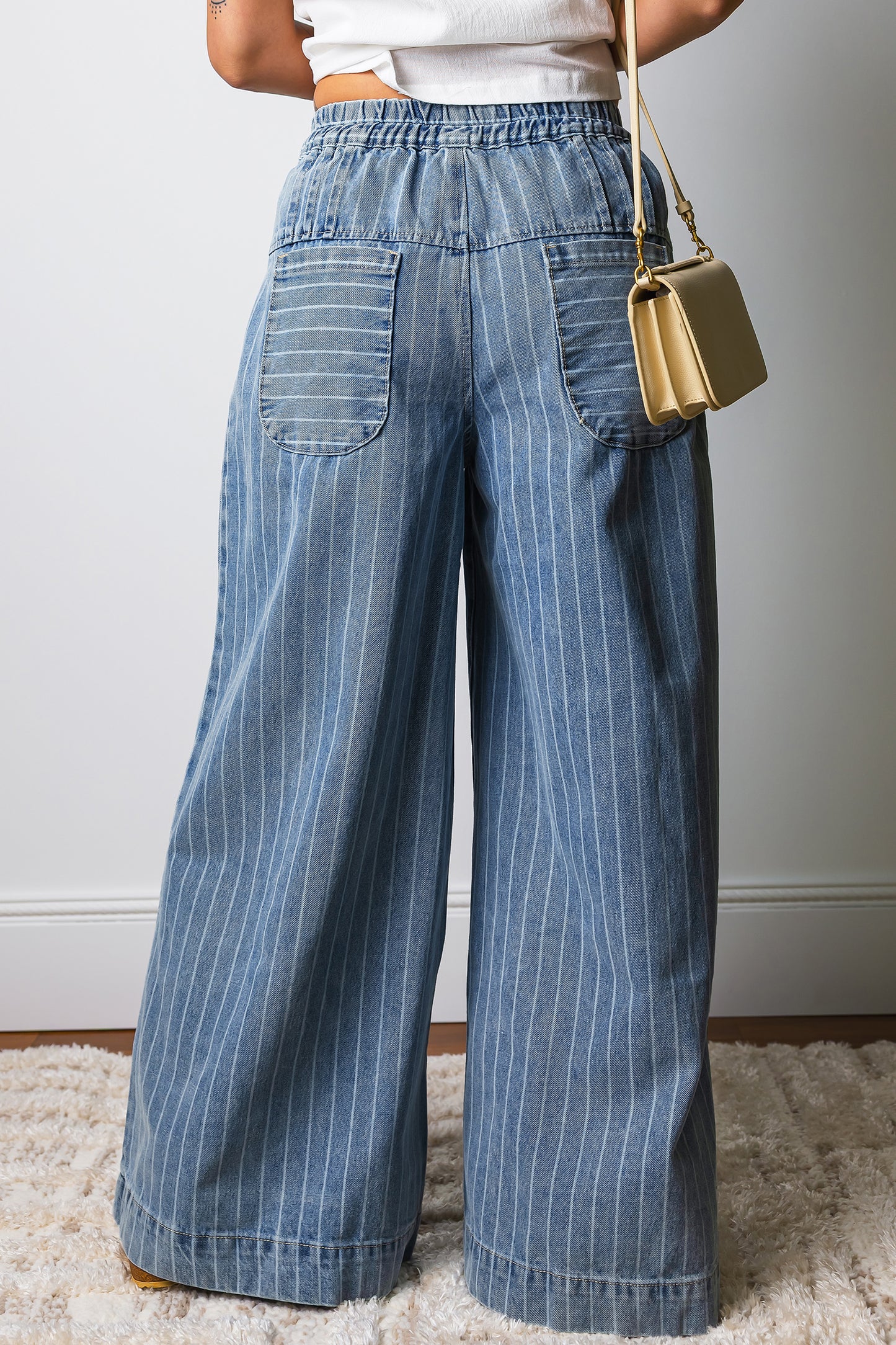 Blue Stripe Button Detail Drawstring Wide Leg Jeans – Women Sizes 4–16