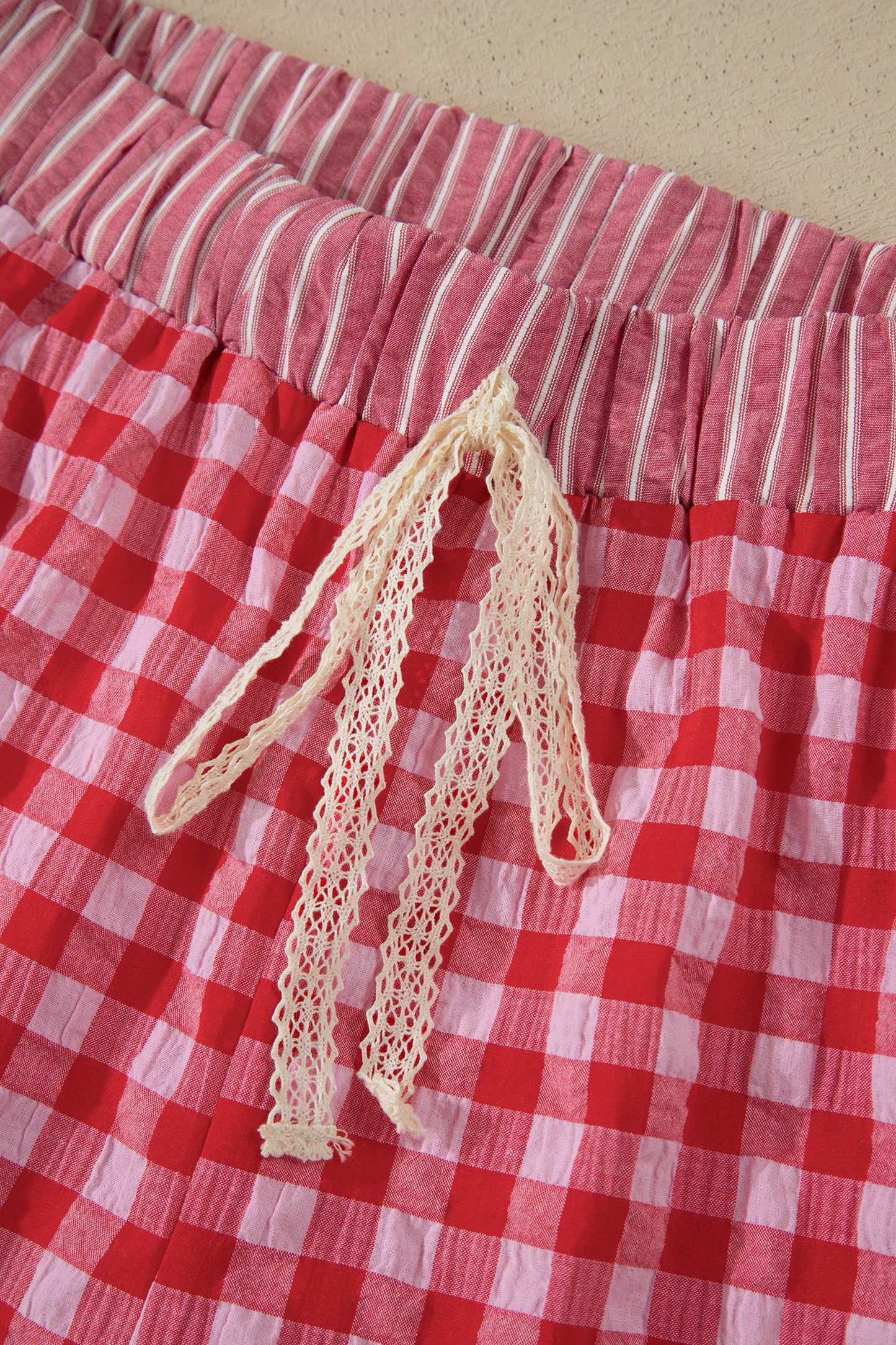 Plaid Print Ruffle Shorts with Striped Detail & Lace Tie | Women S–XL
