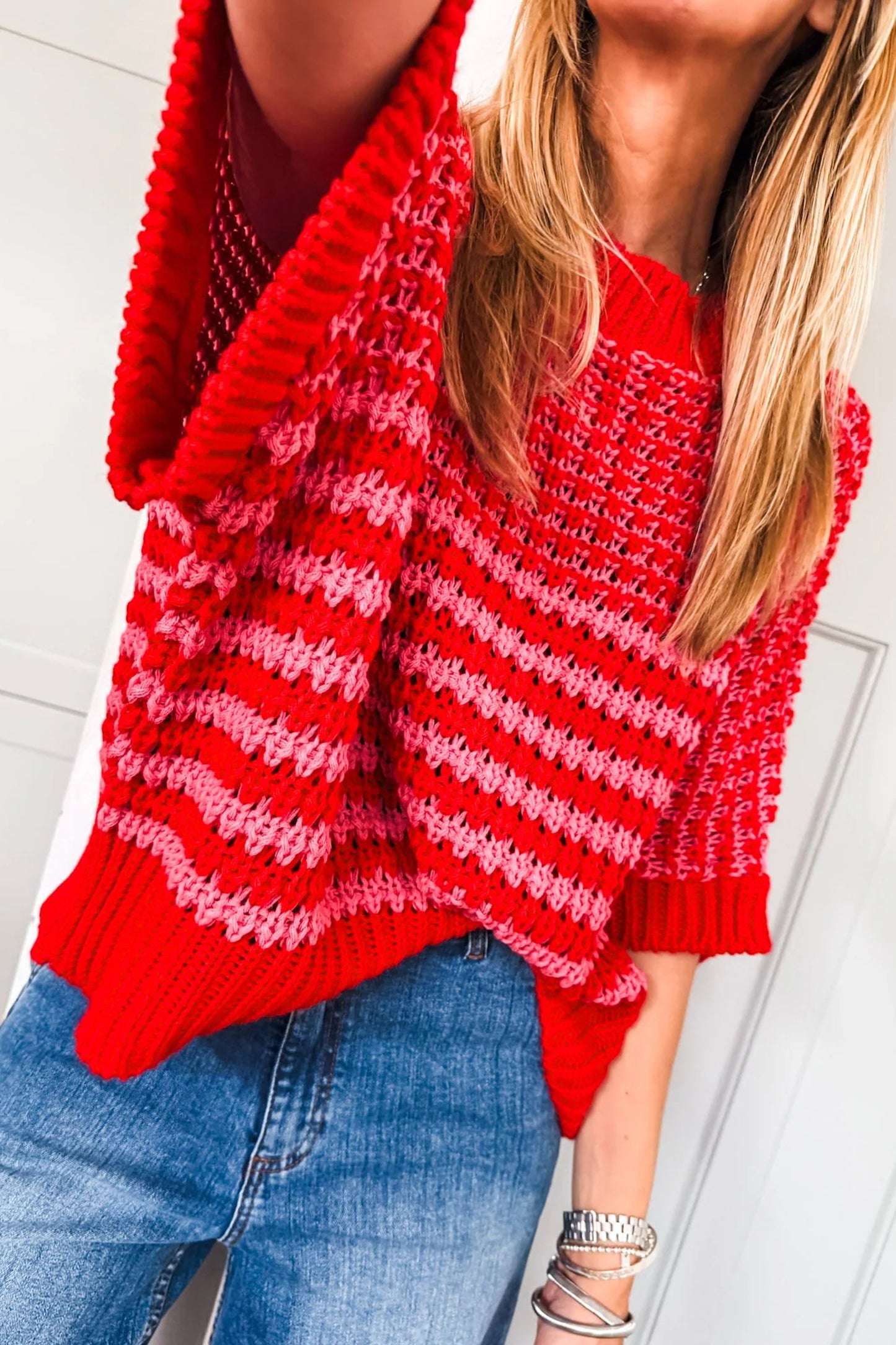 Striped Slouchy Sweater with 3/4 Draped Sleeves | Red Stripe