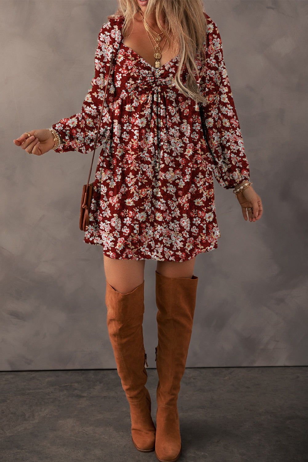 Floral Print Sweetheart Neck Ruched Bust Shirred Back Bubble Sleeve Mini Dress