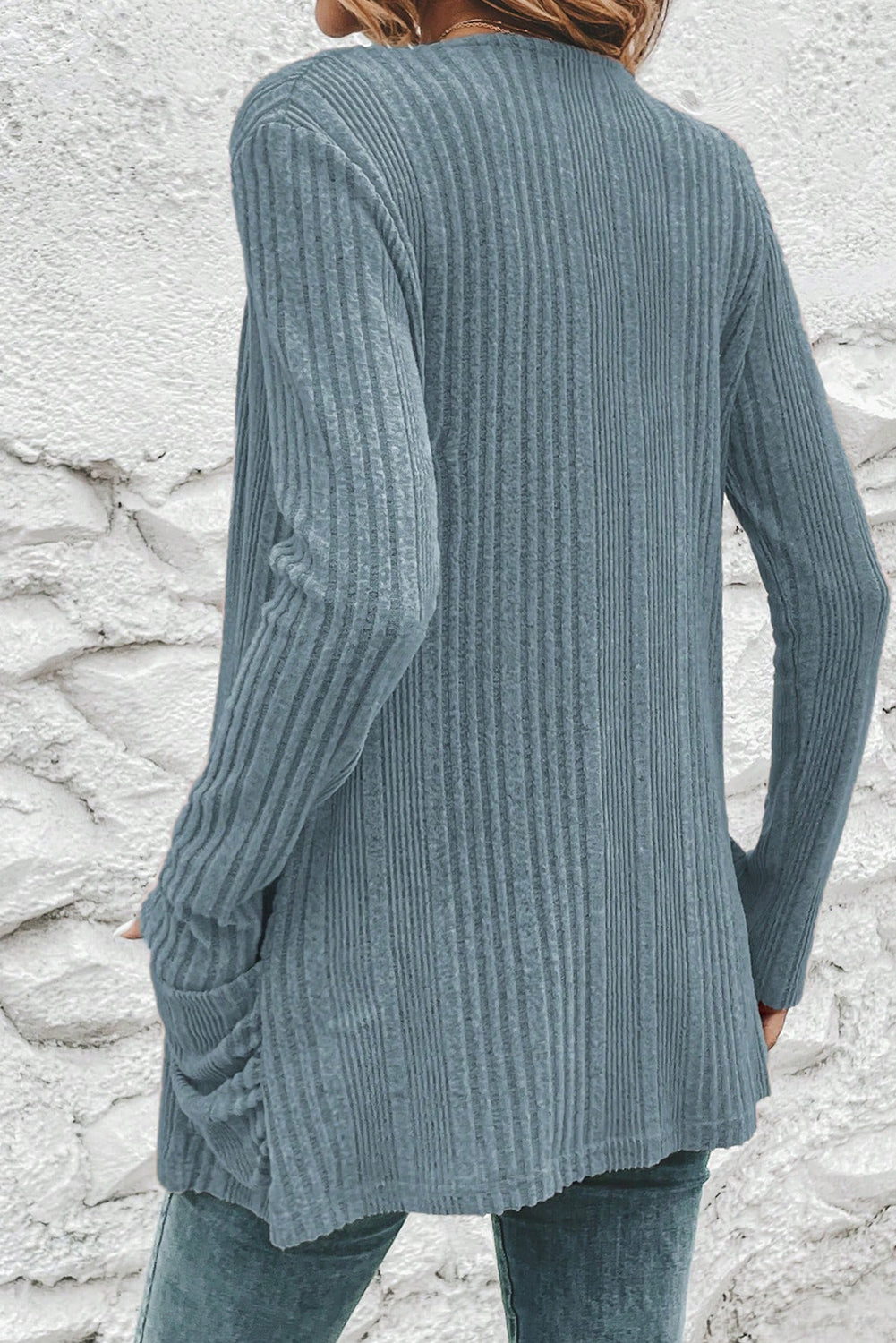 Ribbed Open Front Knitted Cardigan with Pockets