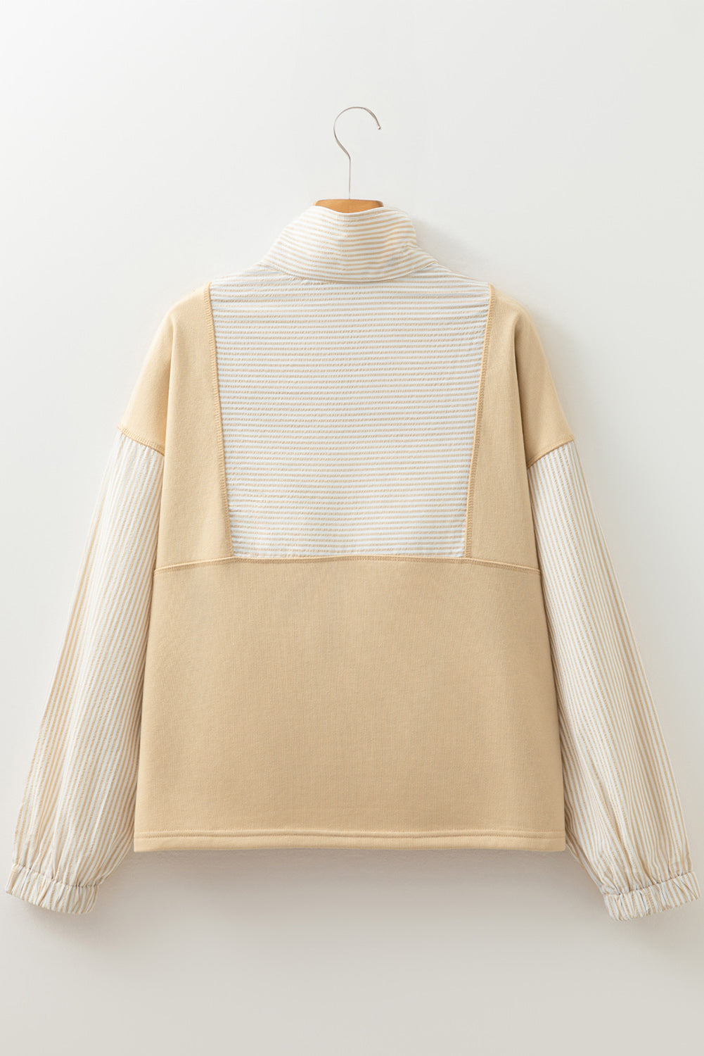Beige Quarter Zip Striped Patchwork Drop Shoulder Loose Long Sleeve Top