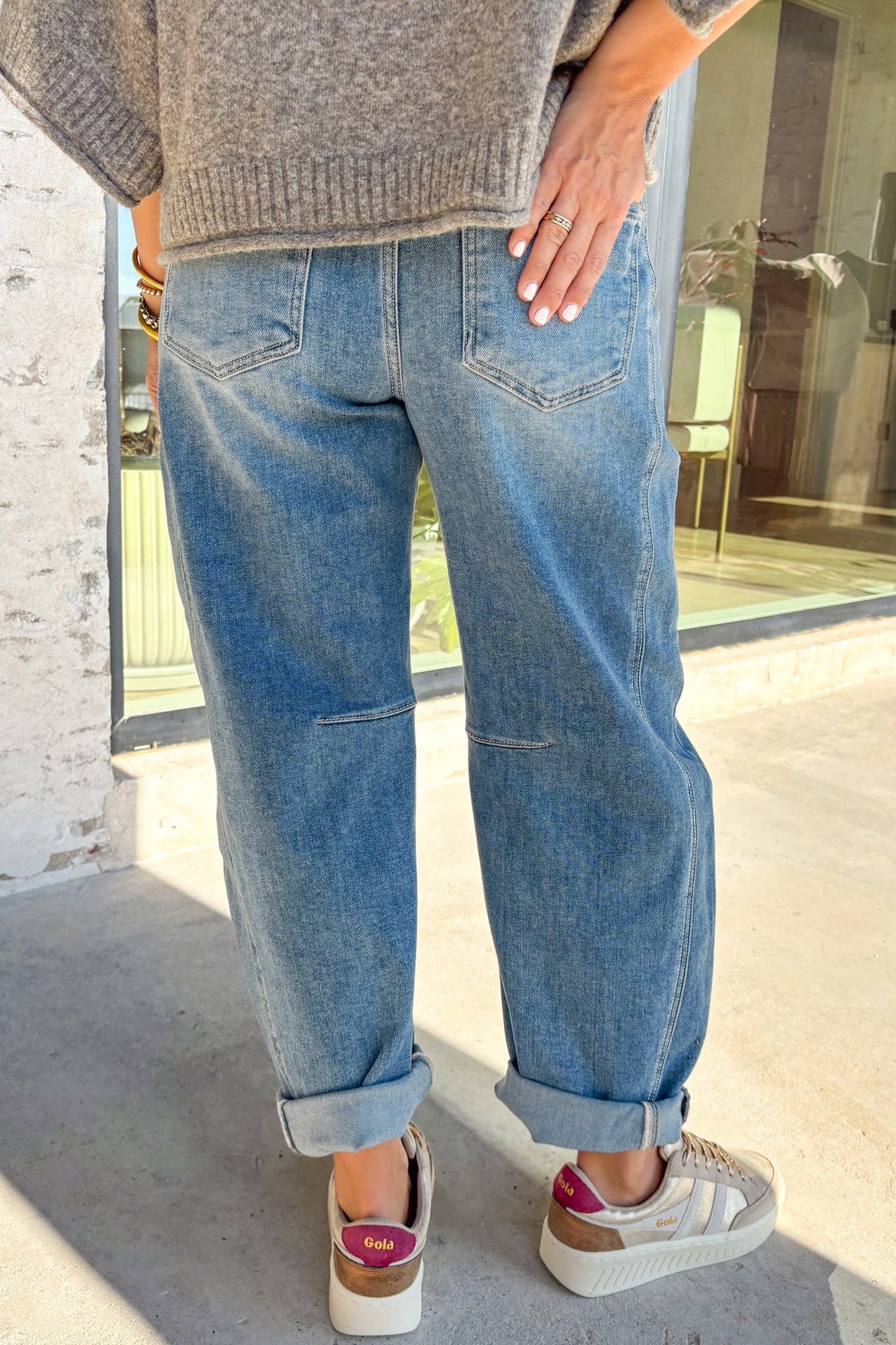 Sky Blue Medium Wash Cuffed Barrel Jeans | US 4–16