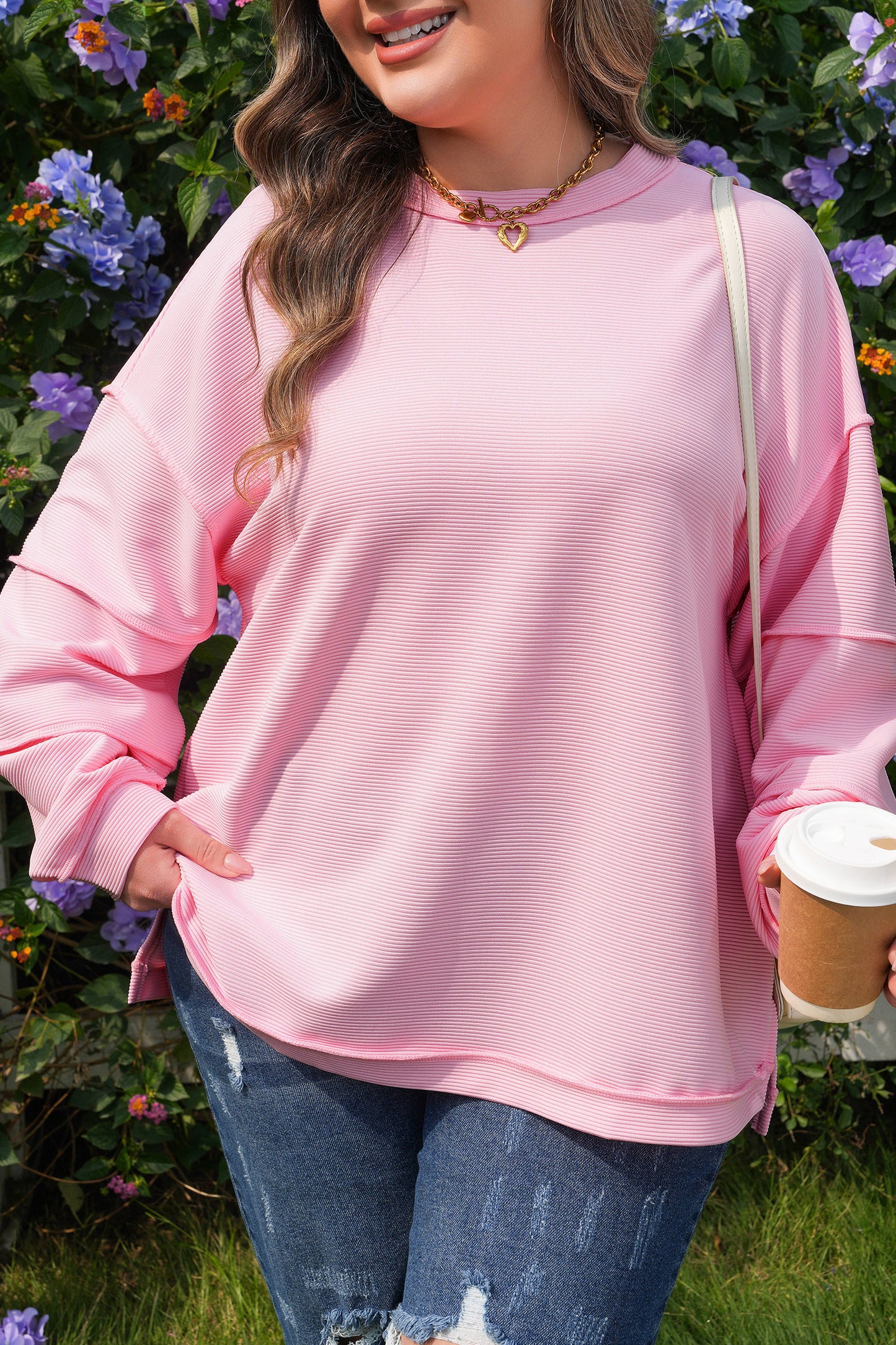 Plus Size Pink Ribbed Drop Shoulder Long Sleeve Top Women 1X–4X