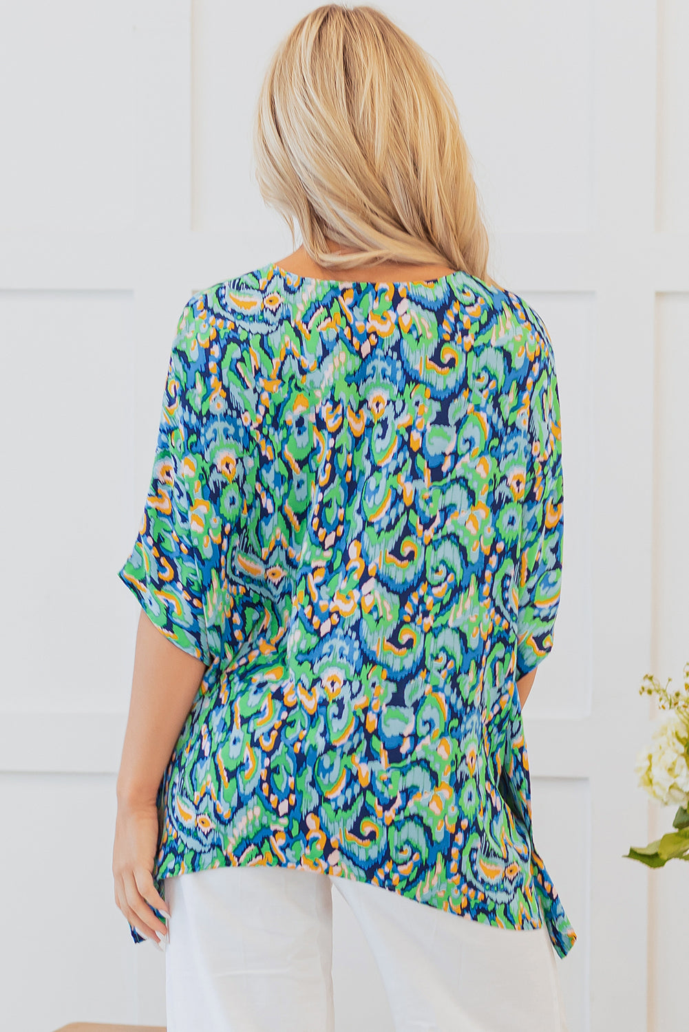 Green Abstract Print V-Neck Half Sleeve Loose Fit Tunic Blouse – Women's Relaxed Top (S–XL)