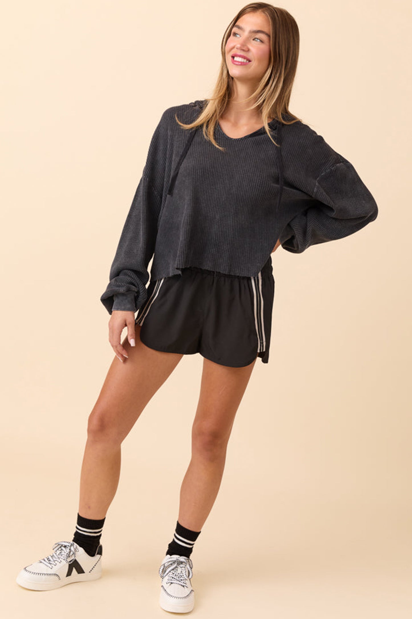 Black Varsity Stripe Elastic Waist Athleisure Shorts