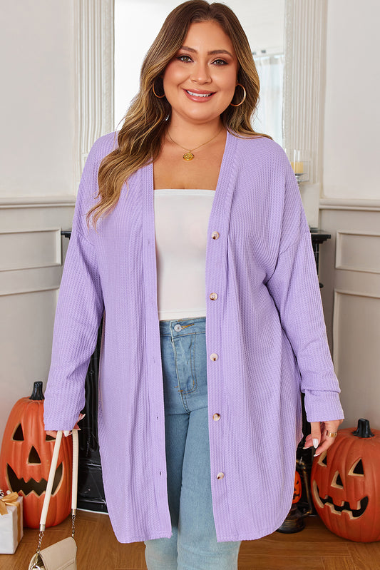 Waffle Knit Button-Front Drop Shoulder Cardigan | Plus Size | Orchid Petal | 1X–4X