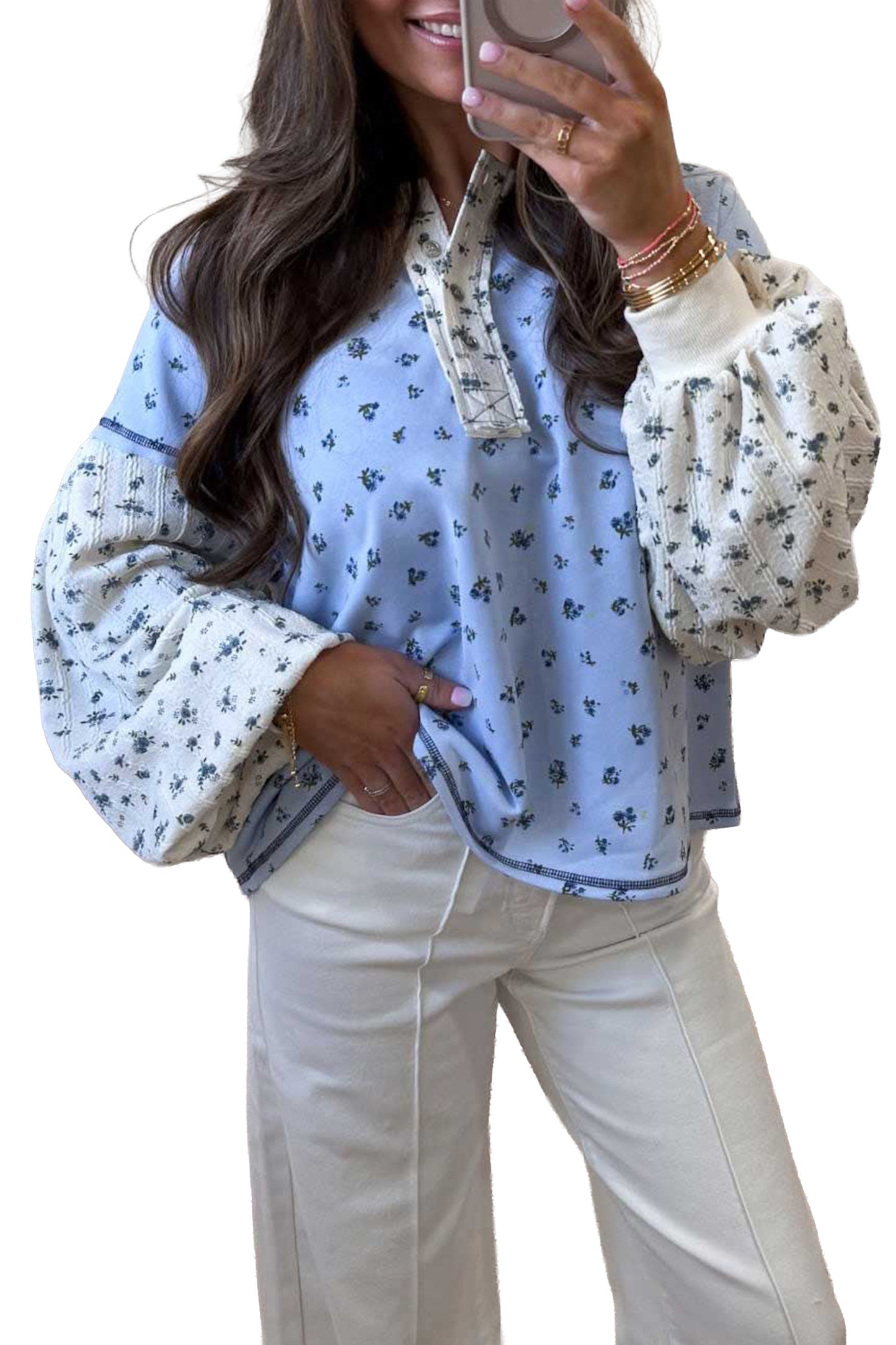 Women's Floral Print Contrast Long Sleeve Tunic Top S to XL
