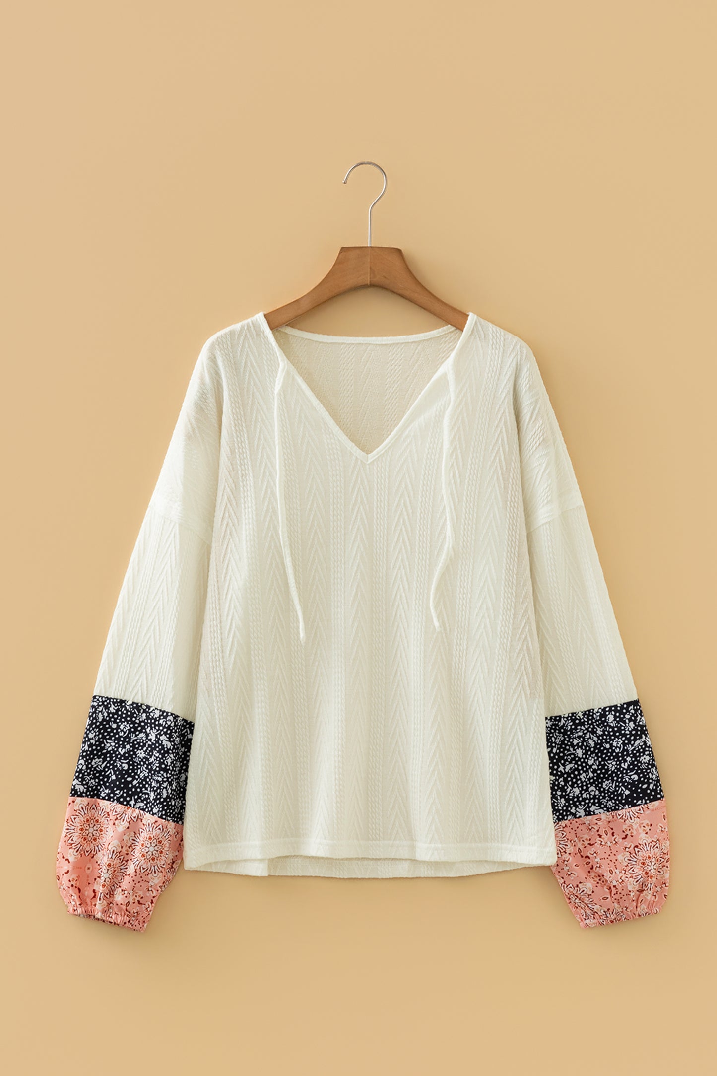 Floral Patchwork Textured Knit Drawstring V-Neck Blouse