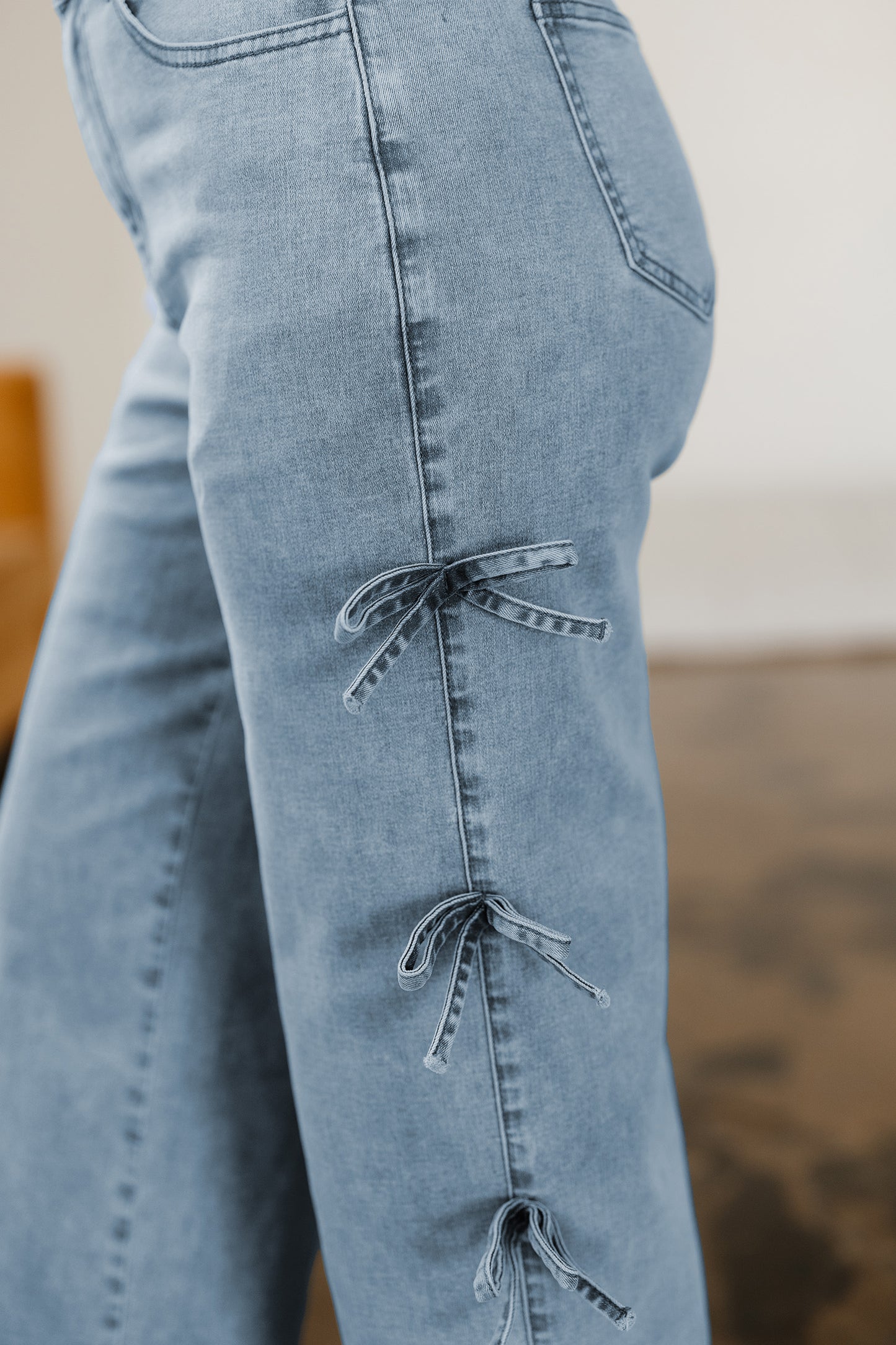 Light Blue Bow Knot Side Detail High Waist Straight Leg Jeans