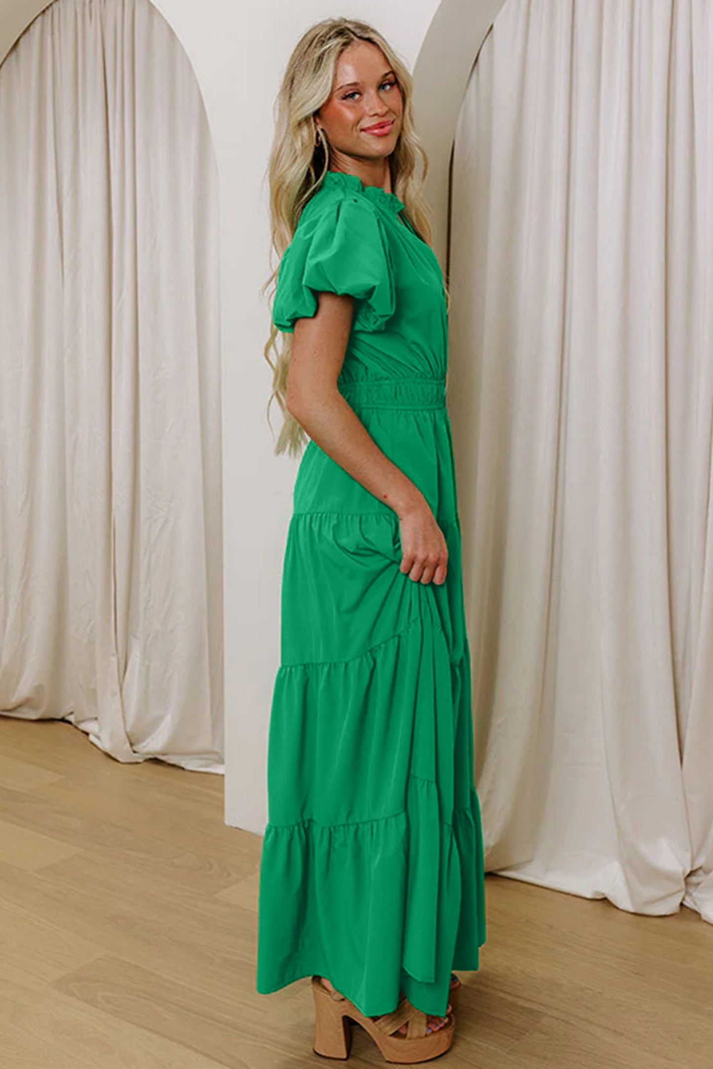 V-Neck Puff Sleeve High Waist Tiered Maxi Dress | 5 Colours | S–XL
