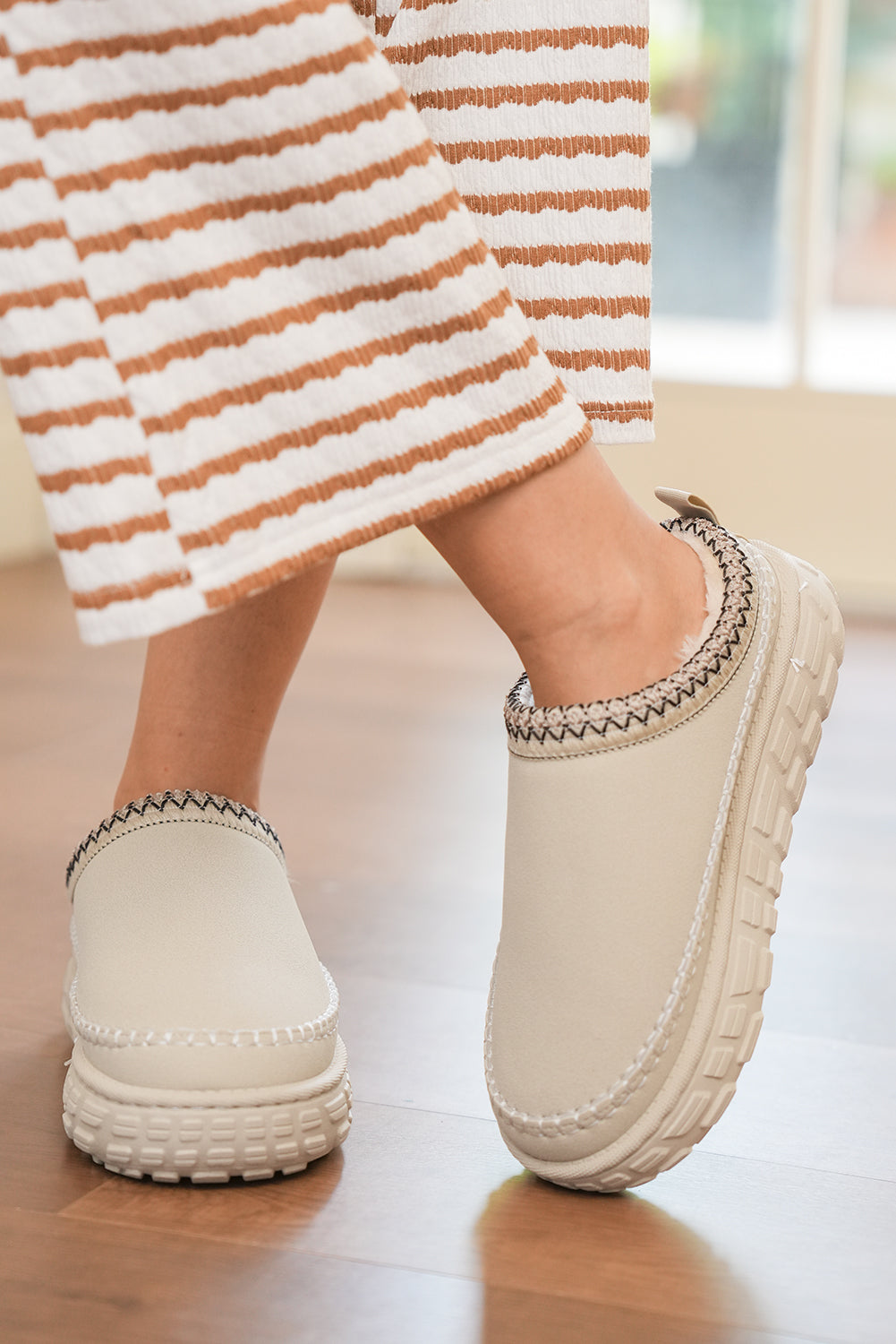 White Contrast Stitch Plush Lined Platform Clogs