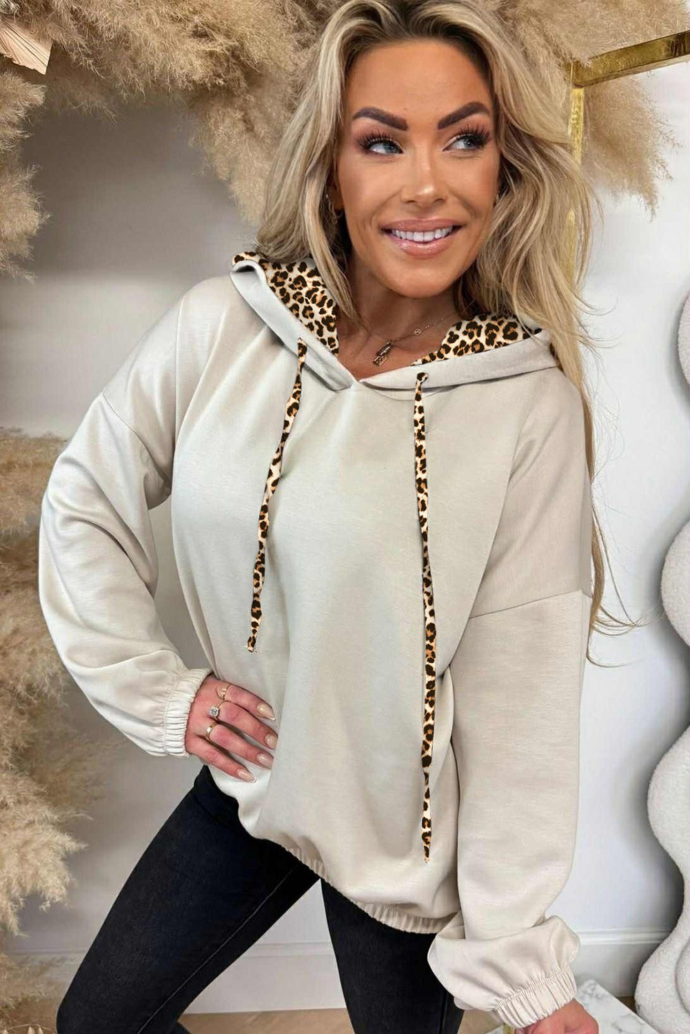 Leopard Contrast Drop Shoulder Drawstring Hoodie | Cream & Black | S–XL