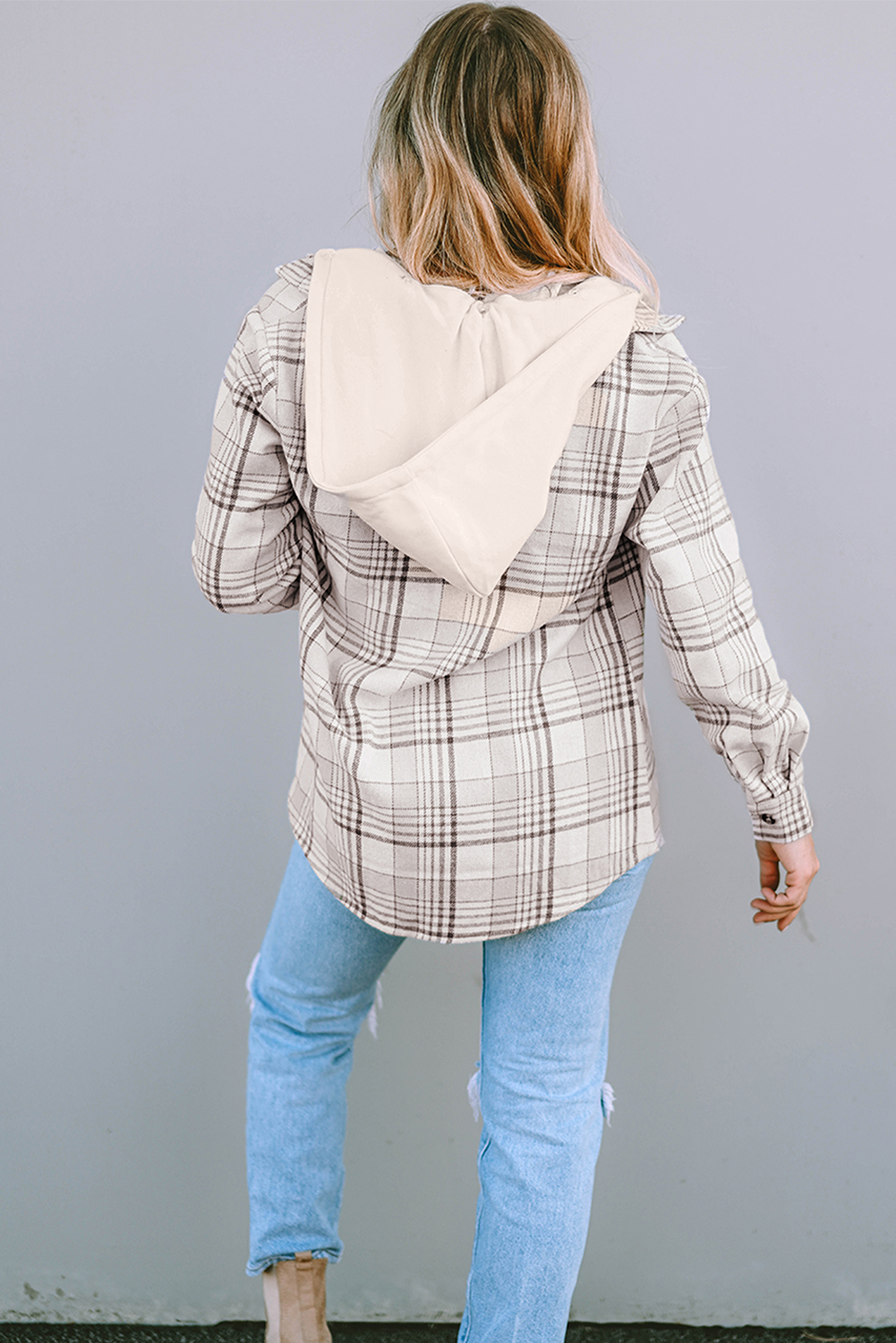 Khaki Plaid Removable Hood Chest Pocket Buttoned Shacket