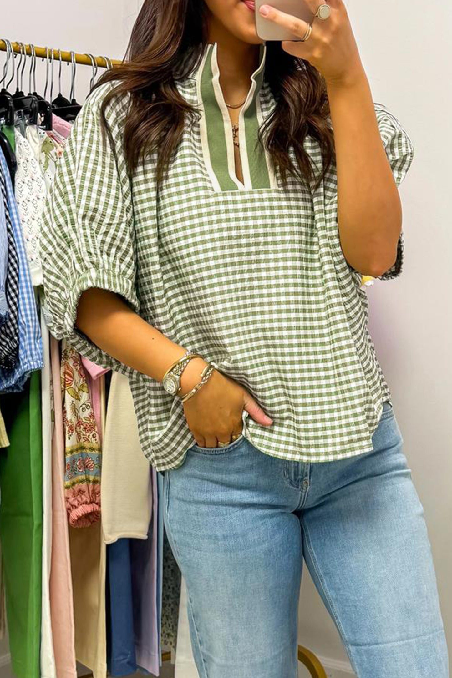 Plaid Short Sleeve Colorblock Blouse Women S–XL