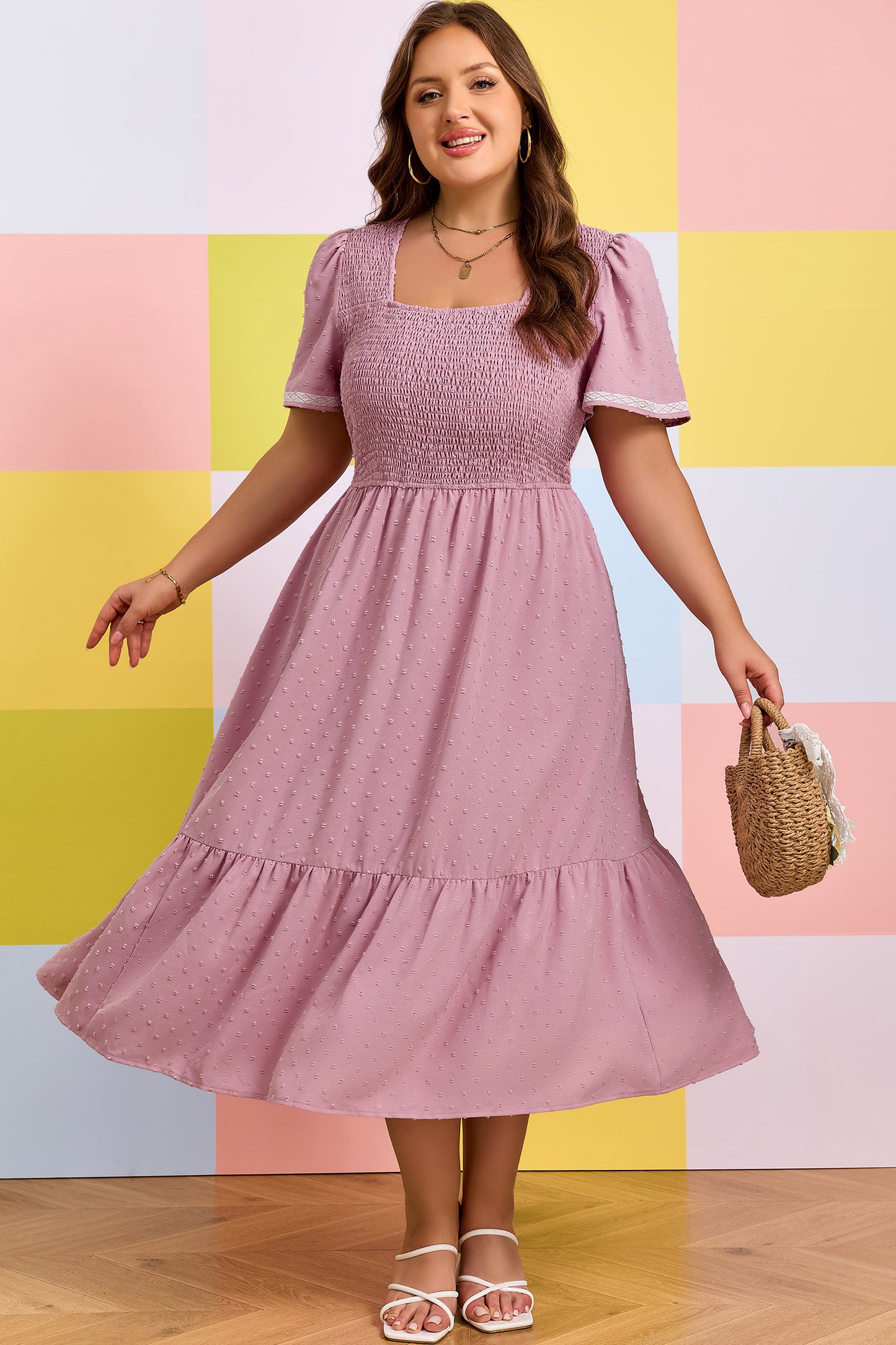 Plus Size Swiss Dot Smocked High Waist Flowy Midi Dress Pink 1X–4X